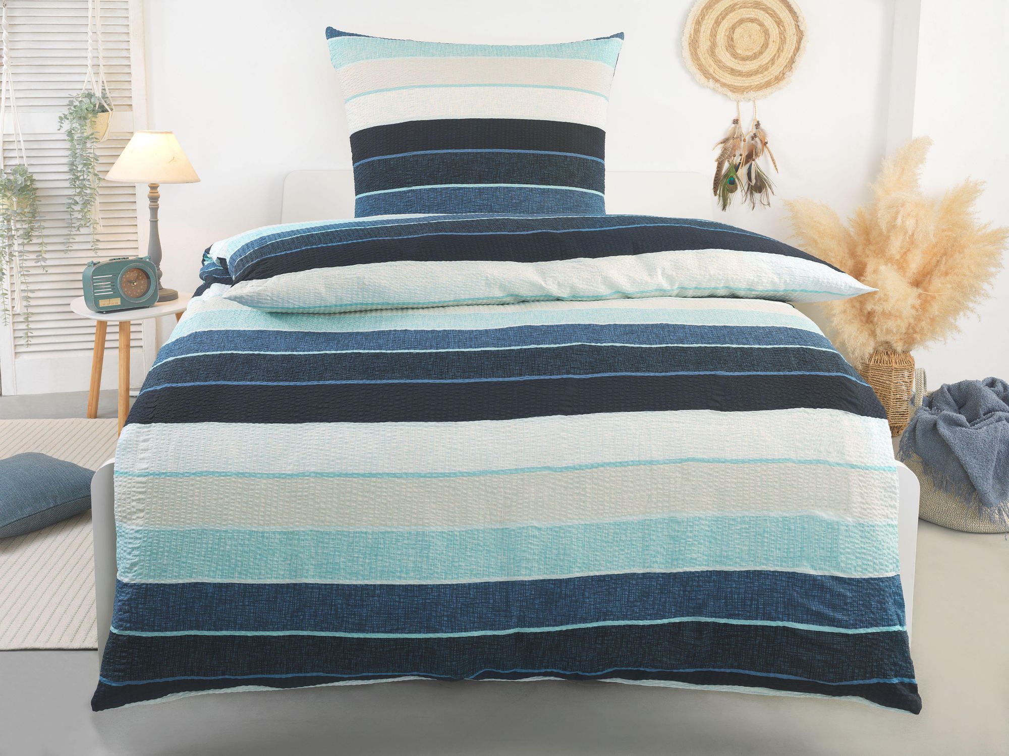 Bettwäsche Seersucker Baumwolle TORBEN blau BÜGELFREI ca. 135x200 cm + ca. 80x80 cm mit Reißverschluss Größe: 2x ca. 135x200 cm + 2x ca. 80x80 cm