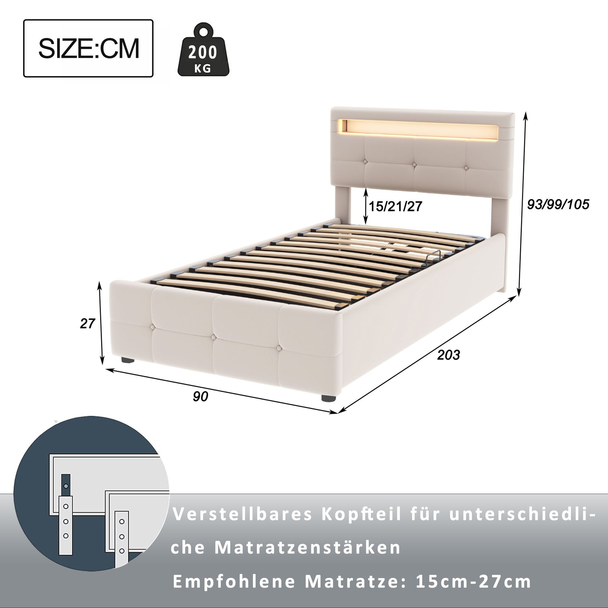 Flieks Hydraulisches Polsterbett 90x200cm mit LED, Jugendbett Einzelbett mit Lattenrost, Stauraumbett Boxspringbett höhenverstellbarem Kopfteil, Samt