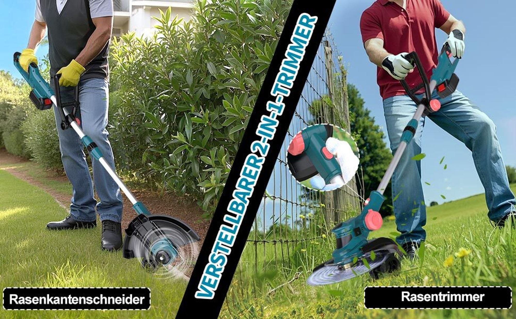 750W Akku Rasentrimmer mit 2× 4.0Ah Akkus & Ladegerät, Freischneider Gartengeräte mit Fugenbürste & Unkrautbürste | Blau