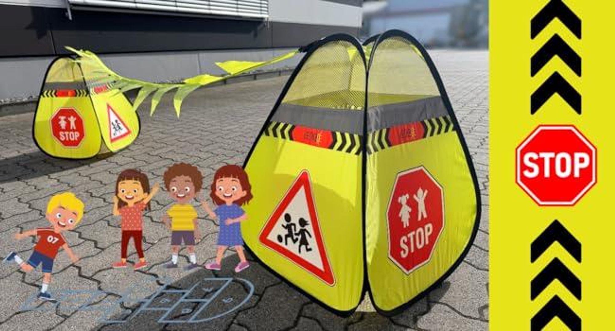 HECKBO 2x Straßenwarnschild Achtung Kinder Schild spielende Pylonen + Wimpelkette - Kinder Straßenpylone Kinder Sicherheit Safety Pop Up Set - Vorsich