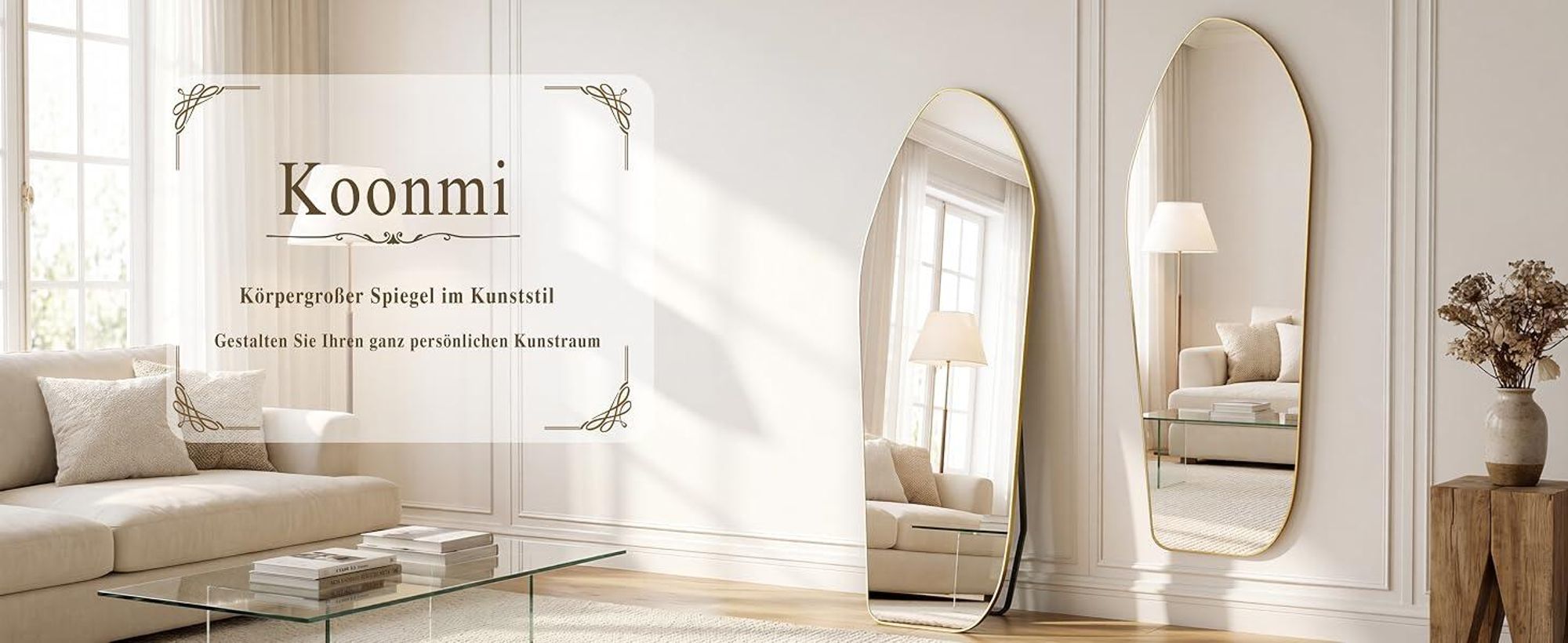 Koonmi Ganzkörperspiegel 170 x 60 cm Gold, unregelmäßige Diamantform, mit Ständer, zum Anlehnen oder Aufhängen, Aluminiumrahmen