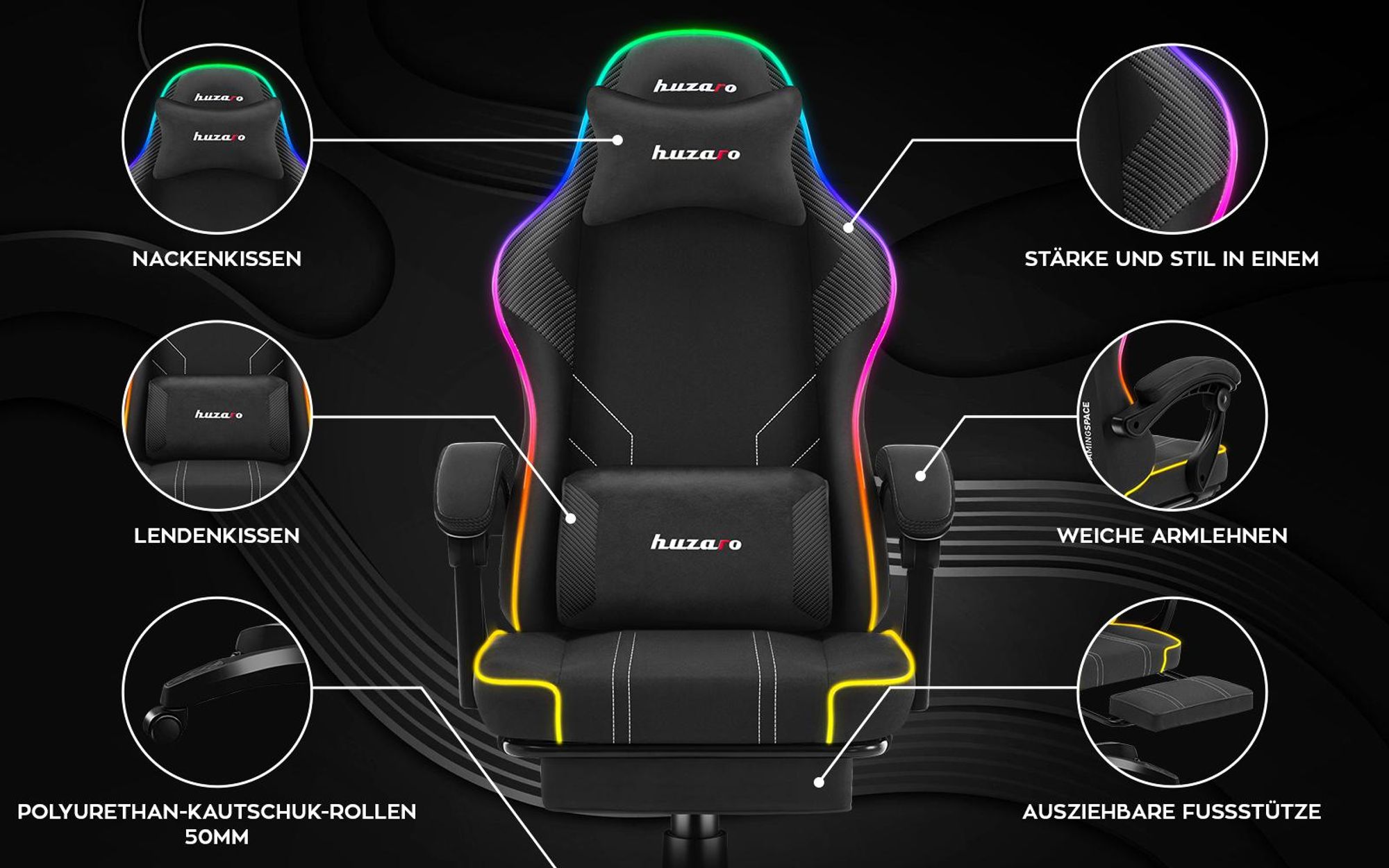 Huzaro Force 3.7 RGB Black Gaming-Stuhl mit ergonomischem Design, verstellbarem Armlehnen und hochbelastbarem Stoff