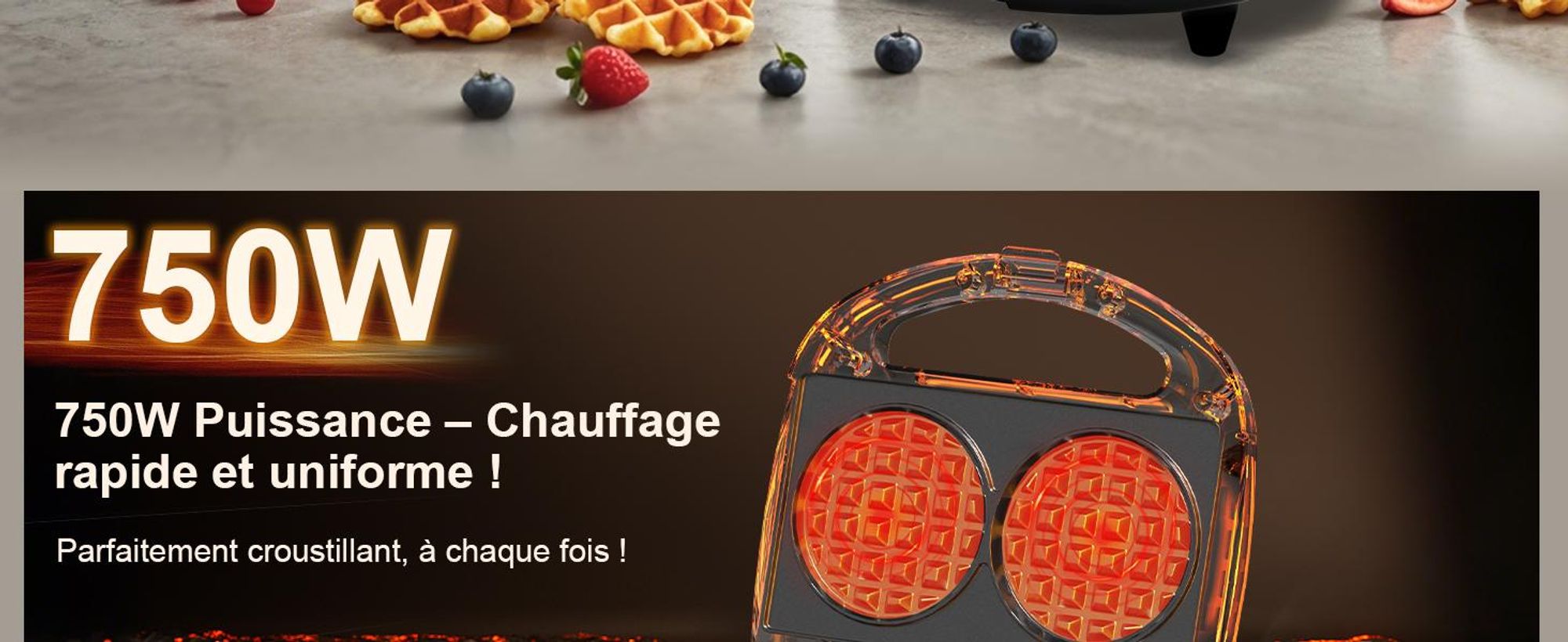 Mini gaufrier YASHE 750 W noir pour 2 gaufres rondes