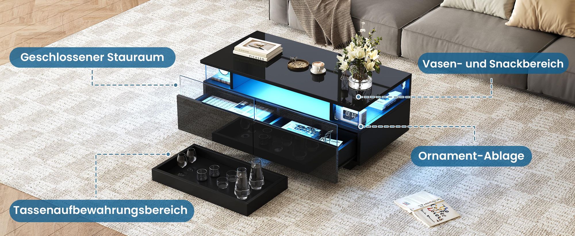 MODFU Couchtisch schwarz mit 2 Schubladen,Kaffeetisch Sofatisch mit stauraum und LED-Licht,Hochglanz-Beistelltisch aus gehärtetem Glas,90×45×35.5cm