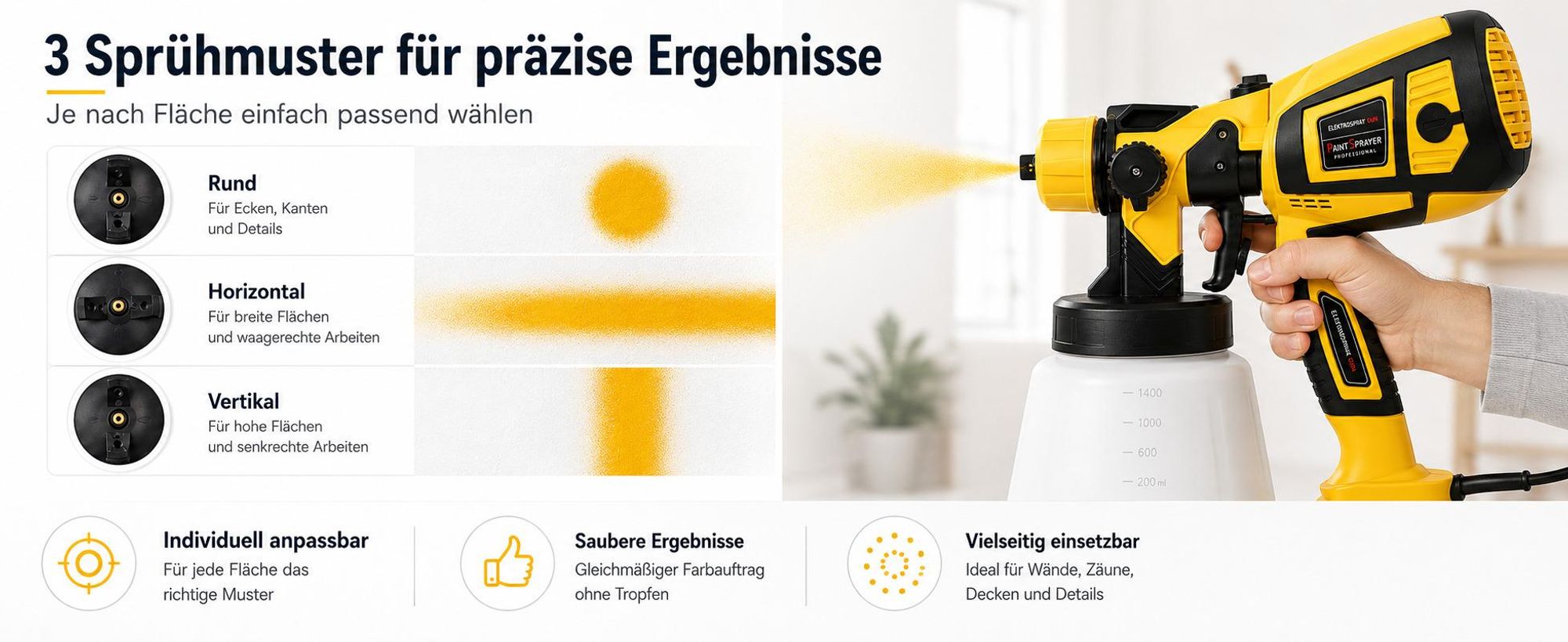 Farbsprühsystem Elektrisch Lackierpistole Farbsprühgerät 700W 1,4L 5 Kupferdüsen 3 Muster
