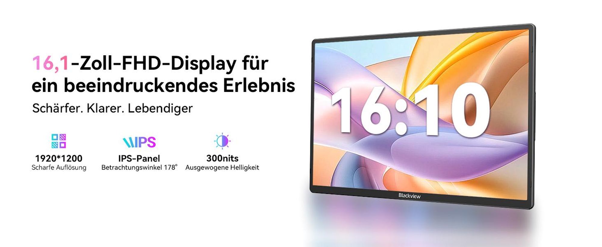 Blackview Table 9 mit Aurabass3 Bluetooth-Box, 16 Zoll FHD tragbarer Monitor, 650g, SÜD , 360° Drehständer, Plug&Play, Kompatibel mit Mac/Win/Android