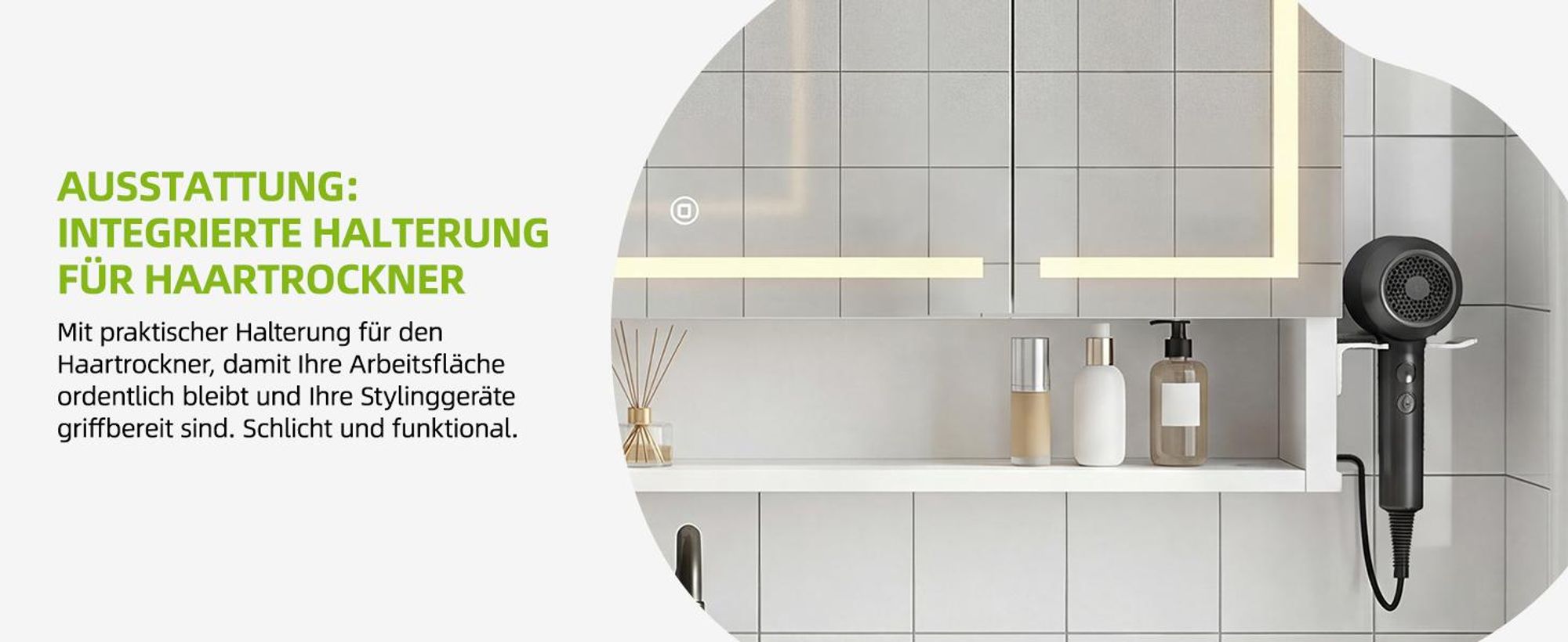 YITAHOME Spiegelschrank Bad mit LED, 3 Türen, Steckdosen, Wandschrank Badezimmerschrank, 100 x 15 x 75 cm, Weiß