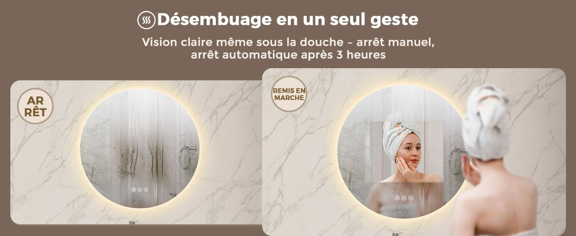 Miroir de salle de bain avec éclairage, rond, 80 cm, miroir LED S'AFIELINA, intensité réglable, 3 couleurs de lumière, anti-buée,tactile, fonction de mémorisation, IP65, étanche pour la salle de bain
