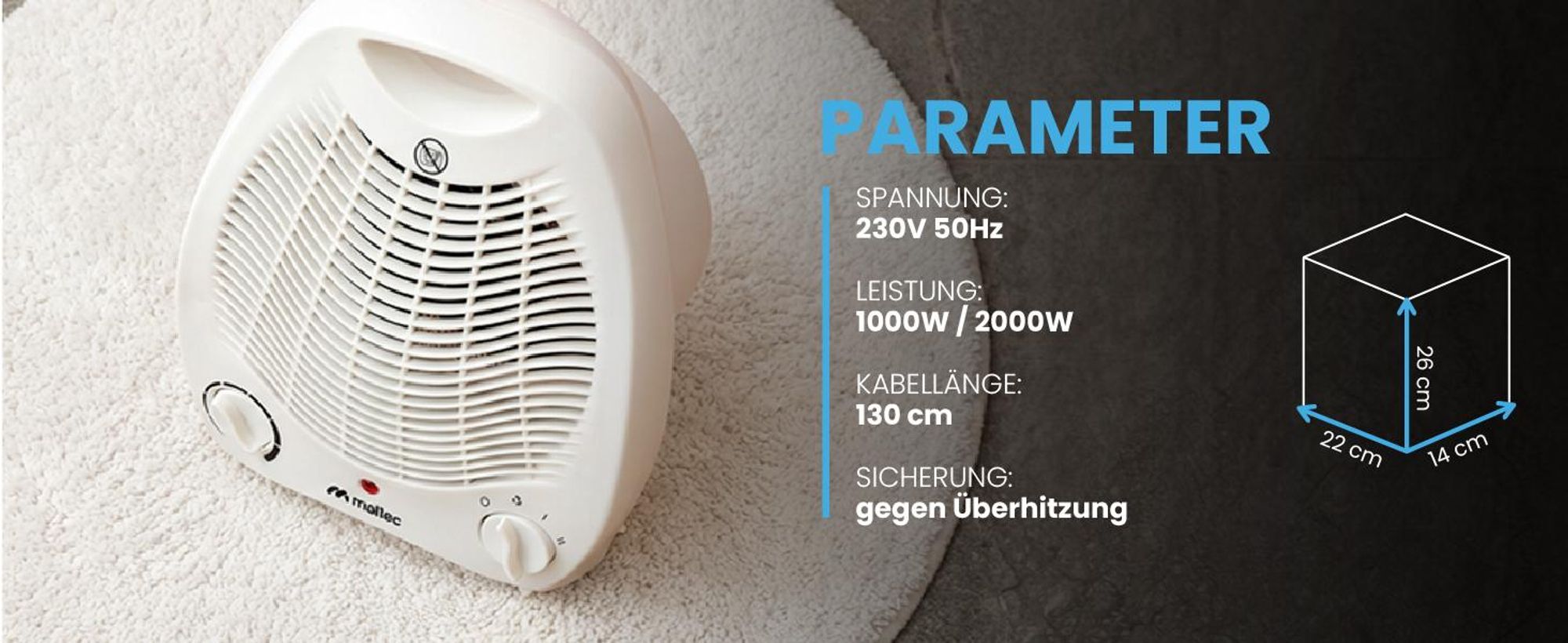 Elektrischer Heizgebläse Temperaturregelung mit Überhitzungsschutz 2000W