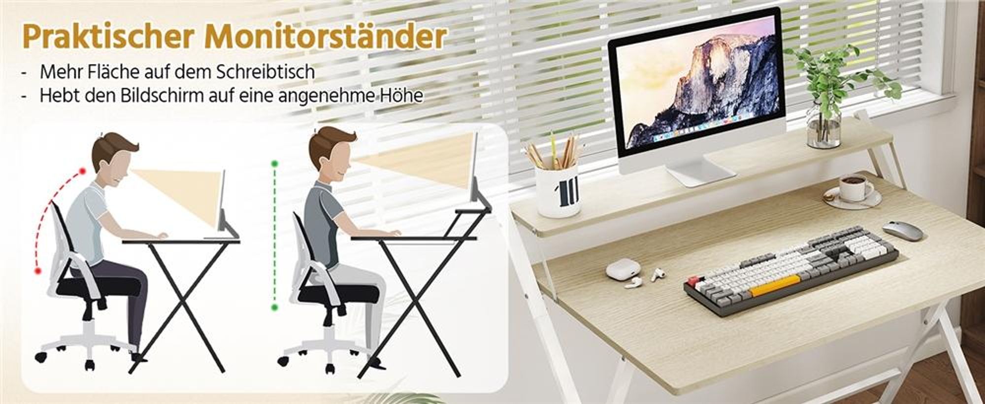 Yaheetech Schreibtisch klappbarer Computertisch mit Monitorständer 2-stufiger Arbeitstisch mit Ablage Laptoptisch