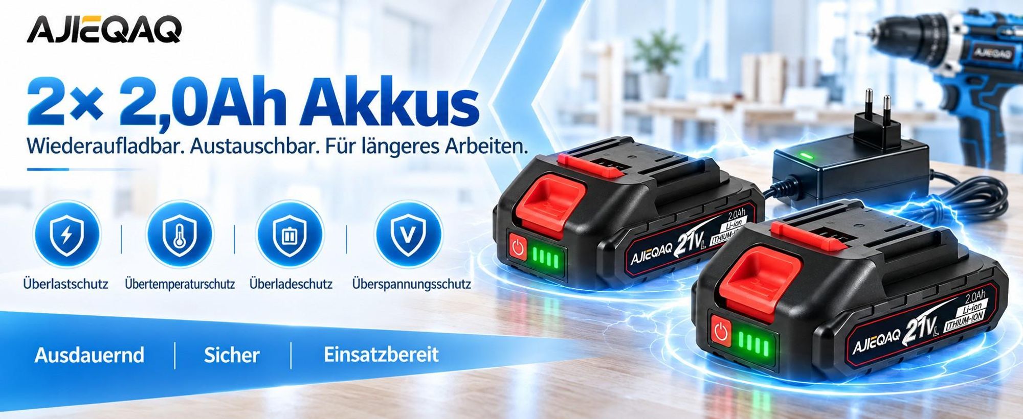 AJIEQAQ Akkuschrauber 21V MAX, 45Nm, 18+1, 2-Gang, 2×2,0Ah Akku, LED, Wasserwaage & Werkzeugkoffer