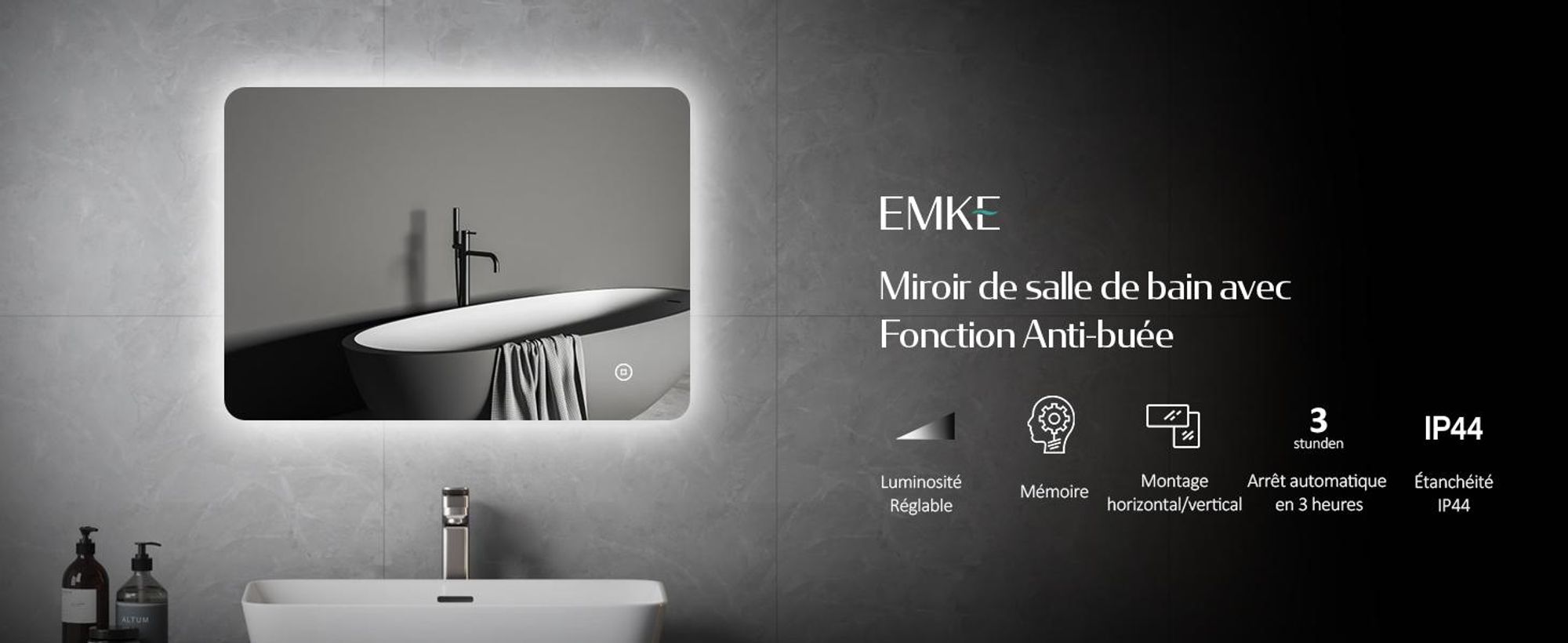 EMKE LED Miroir de salle de bain 50x70cm Miroir de salle de bain avec éclairage blanc froid Miroir de salle de bain lumineux Miroir mural avec interrupteur tactile