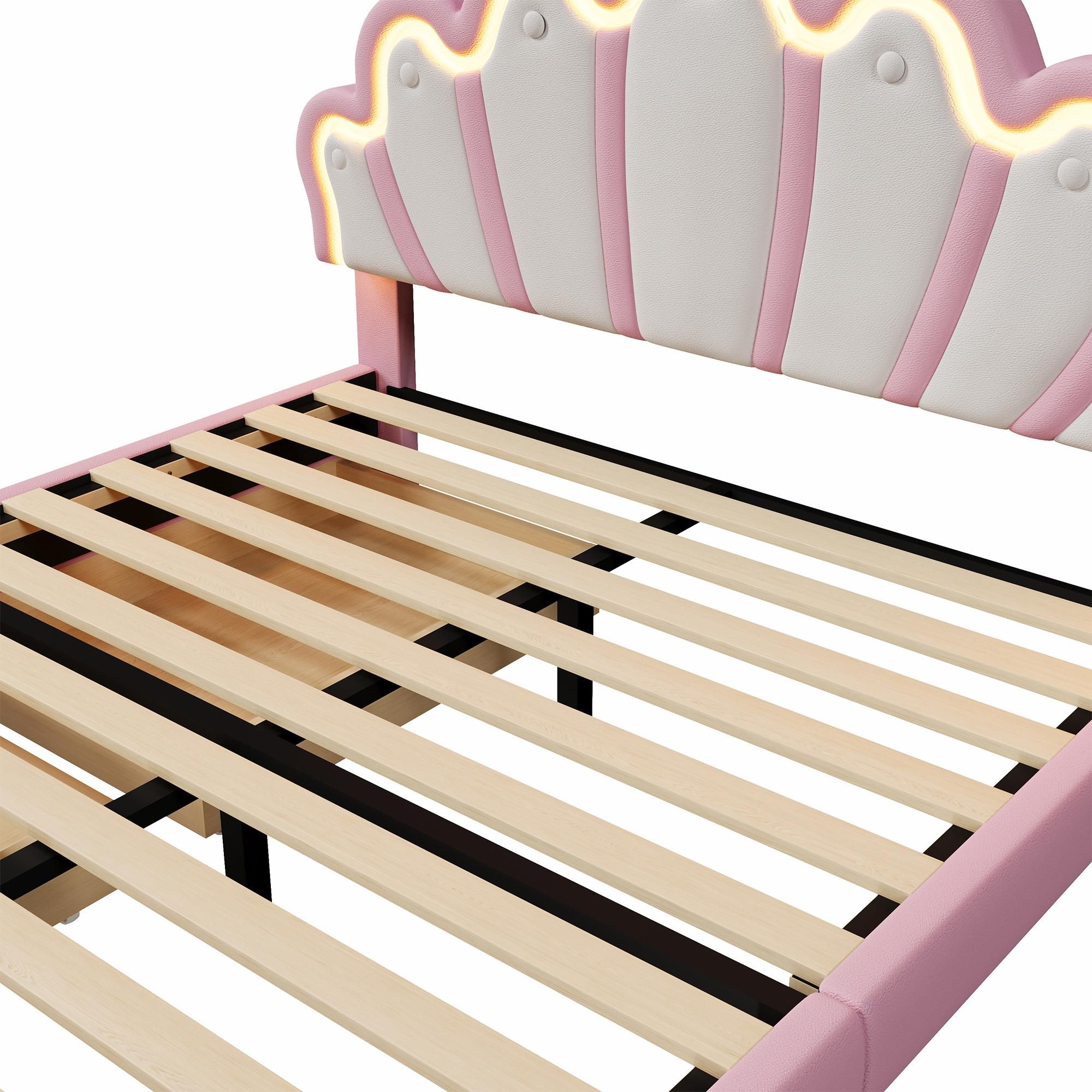 Merax Polsterbett 140x200cm, Prinzessinnenbett mit LED-Leuchten, Verstellbarem Kopftei, 2 Schubladen, Kronen-Design, PU, Kinderbett, Jugendbett, Rosa