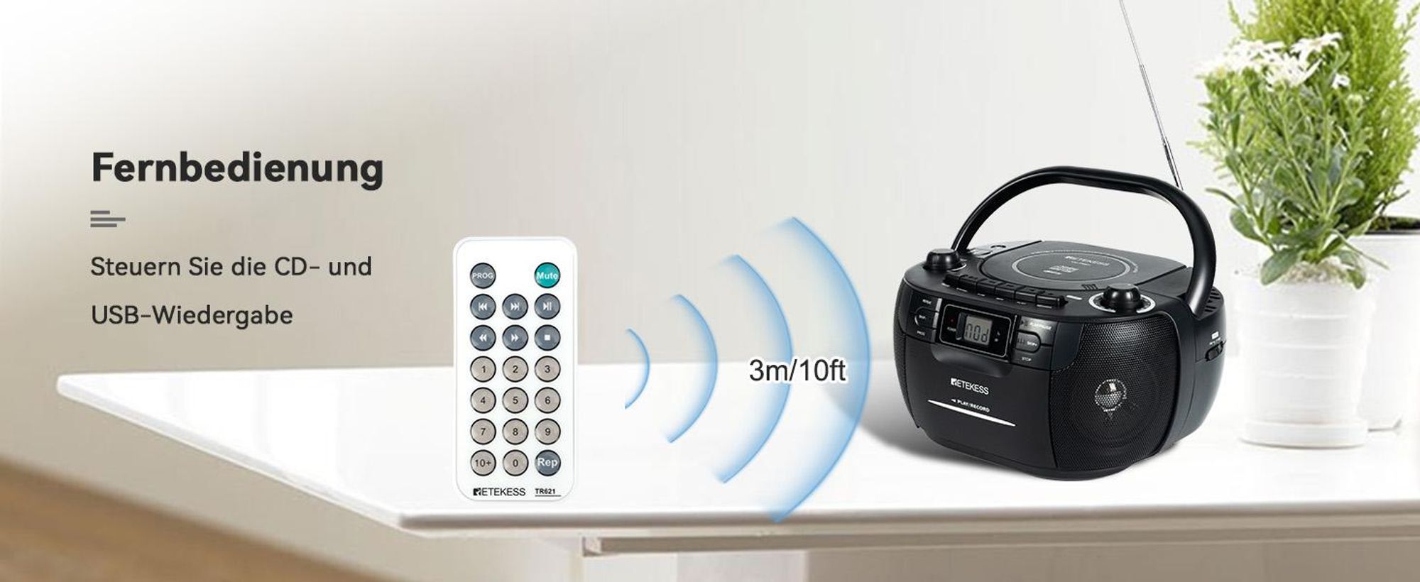 Retekess TR621 Tragbares CD Radio,Kassettenspieler CD,Stereo mit AM FM-Radio,Kassettenrekorder,Unterstützung von USB/TF/Kopfhörer, mit Fernbedienung