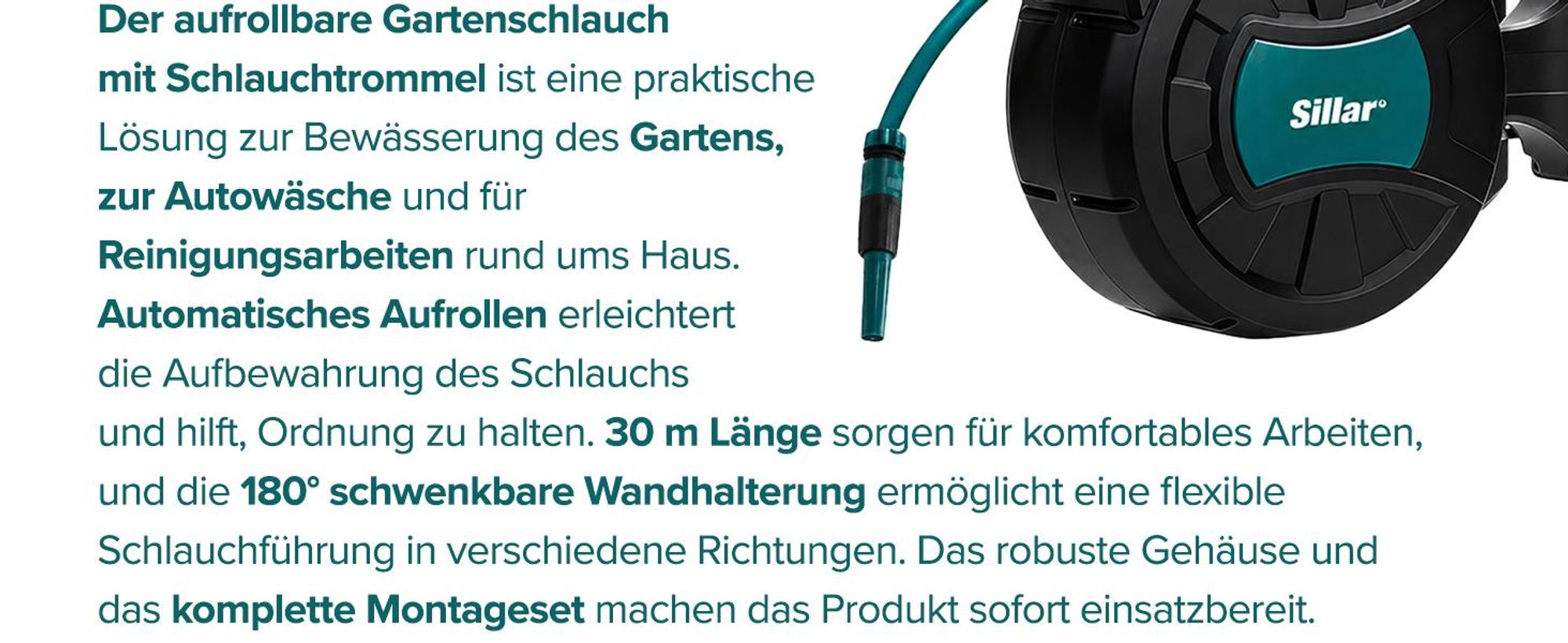 Sillar Automatischer Gartenschlauch 30 m auf Trommel mit Aufroller Wandhalterung