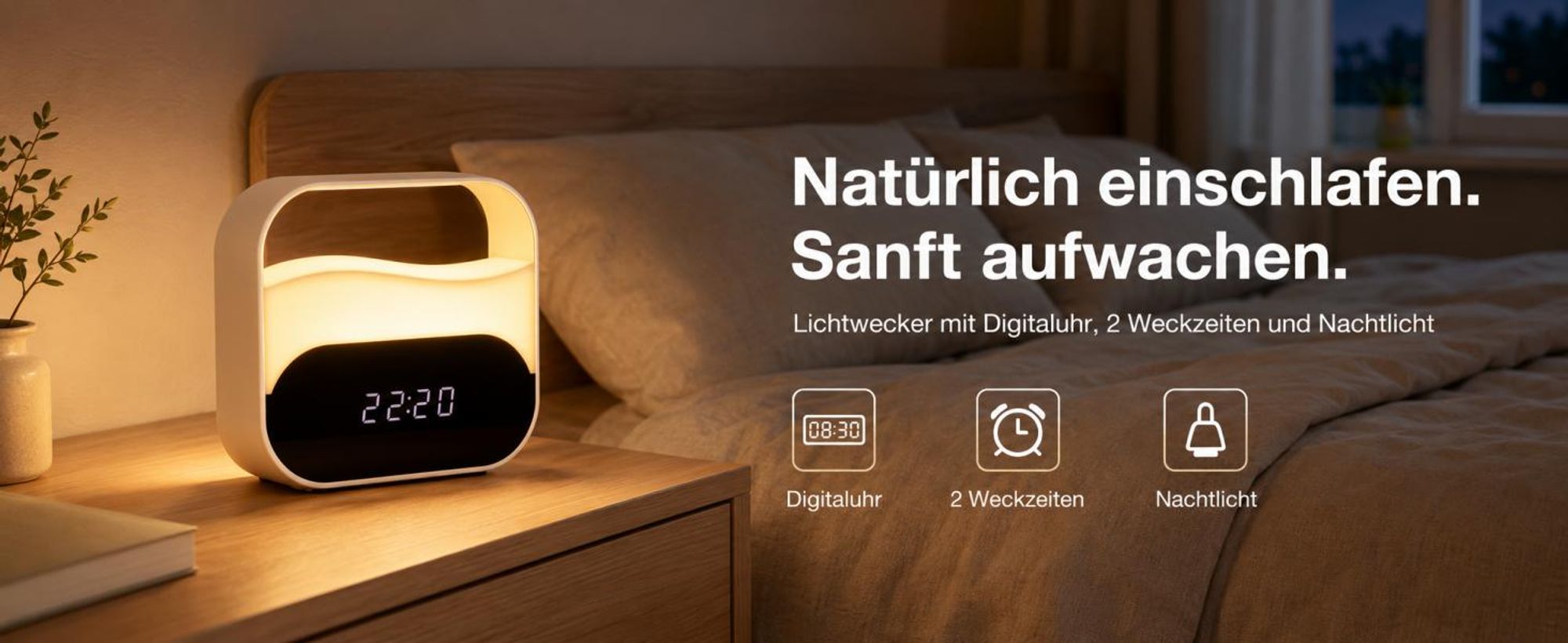 LED-Lichtwecker, Digitaler Wecker mit 2000 mAh Akku, 3 Farbtemperaturen, USB-Aufladung, stufenlos dimmbares Nachtlicht, 2 Alarmzeiten, Stimmungslicht