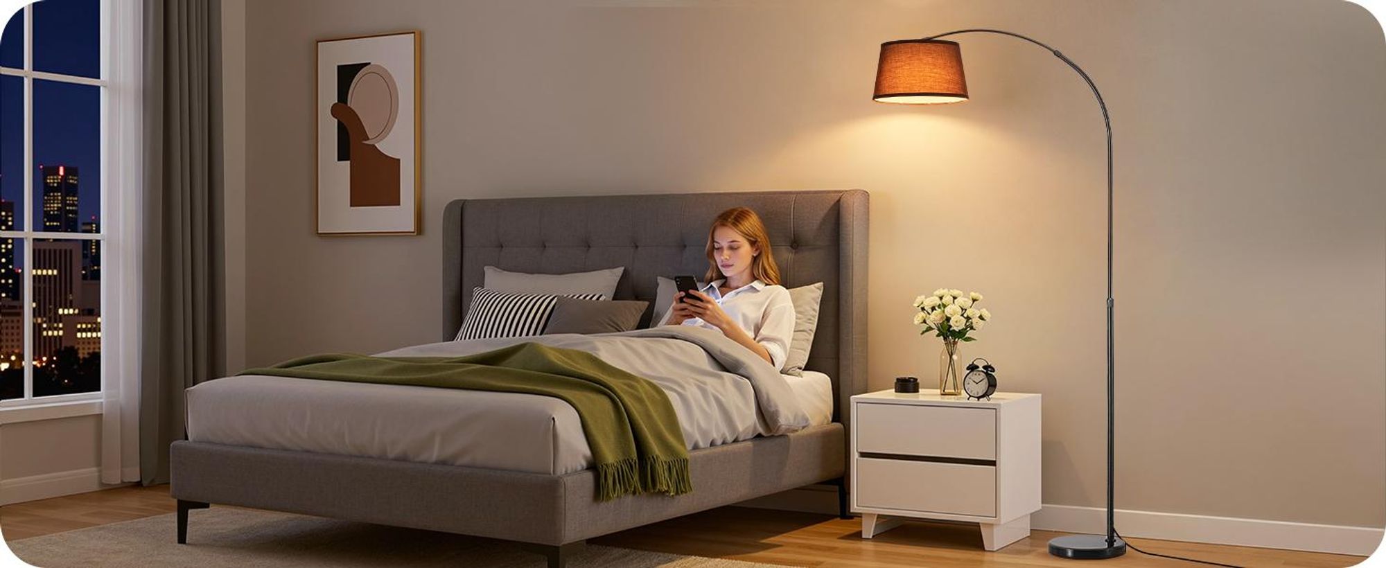 EDISHINE Stehlampe Wohnzimmer Dimmbar, Bogenlampe 143-176cm verstellbar, mit magnetische Fernbedienung, drehbarem Lampenkopf