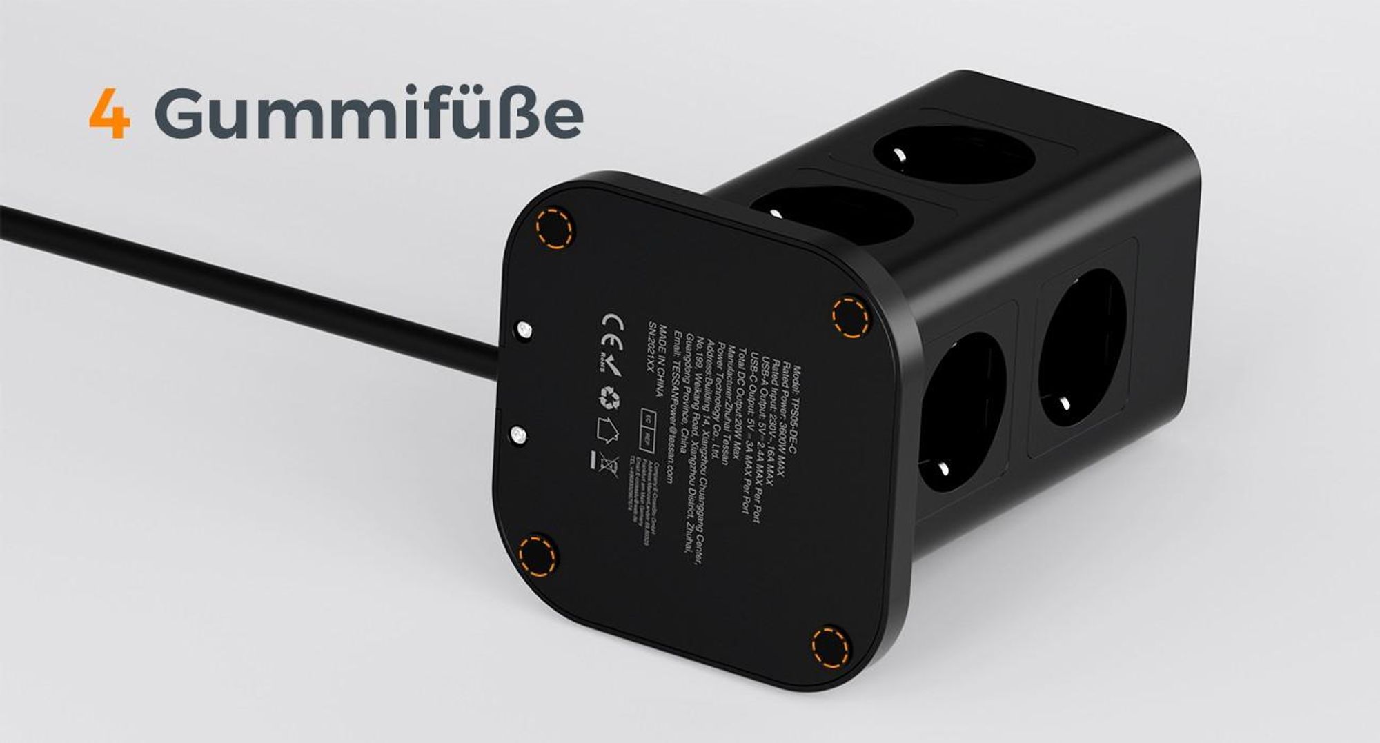 TESSAN 8 Fach Mehrfachsteckdose mit 1 USB C 3 USB A Verlängerungskabel 2M für Zuhause 3600W