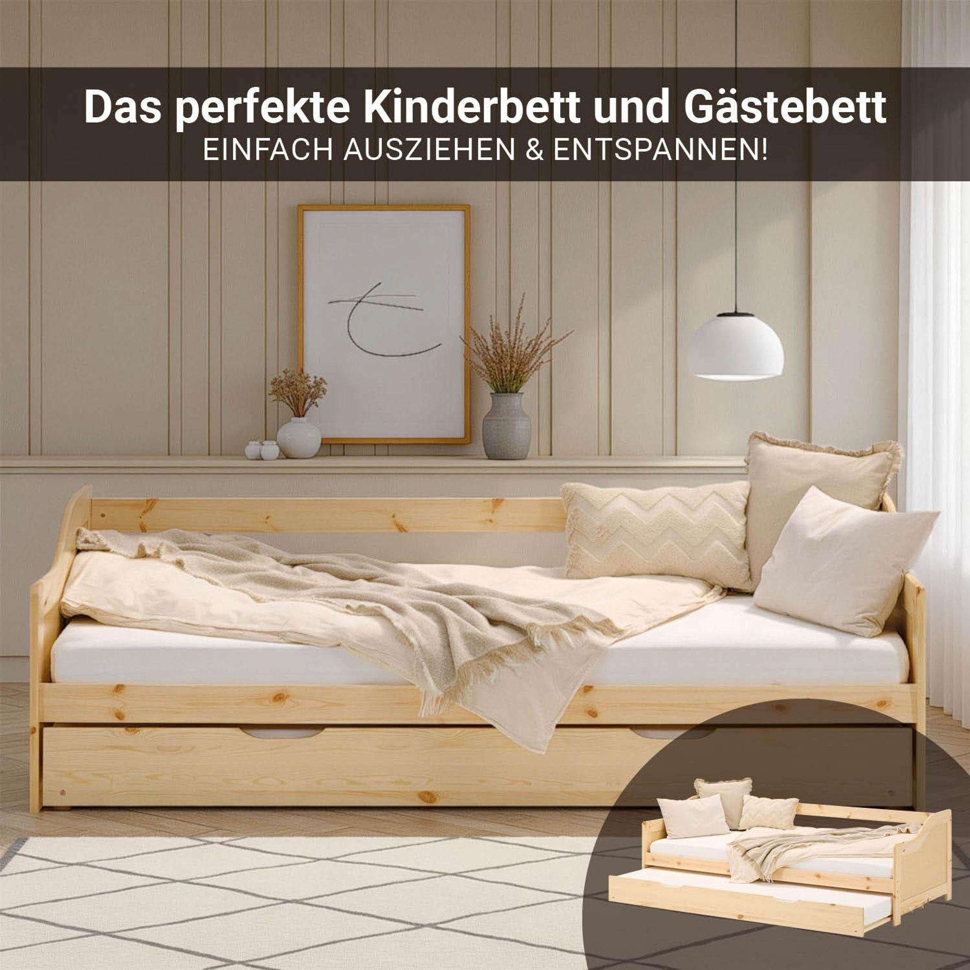Das perfekte Kinder-, Jugend-, oder Gästebett mit schöner Holzmaserung.