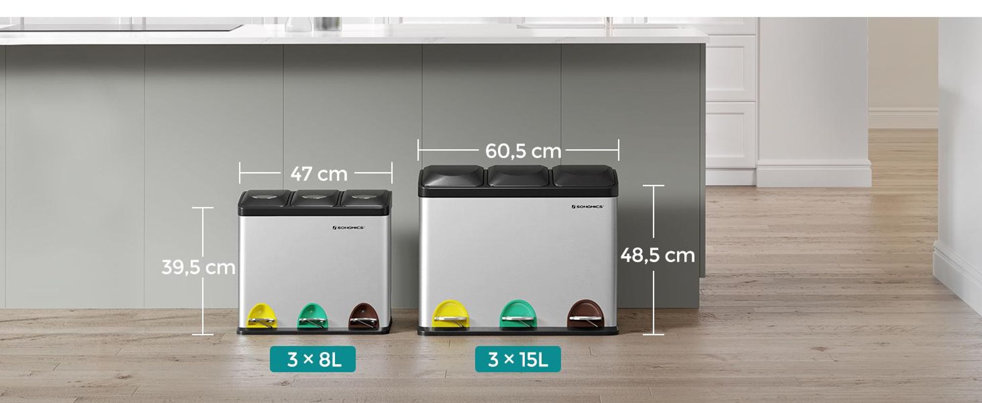 SONGMICS Mülleimer 24L Edelstahl Abfalleimer Inneneimer 3 x 8L Treteimer