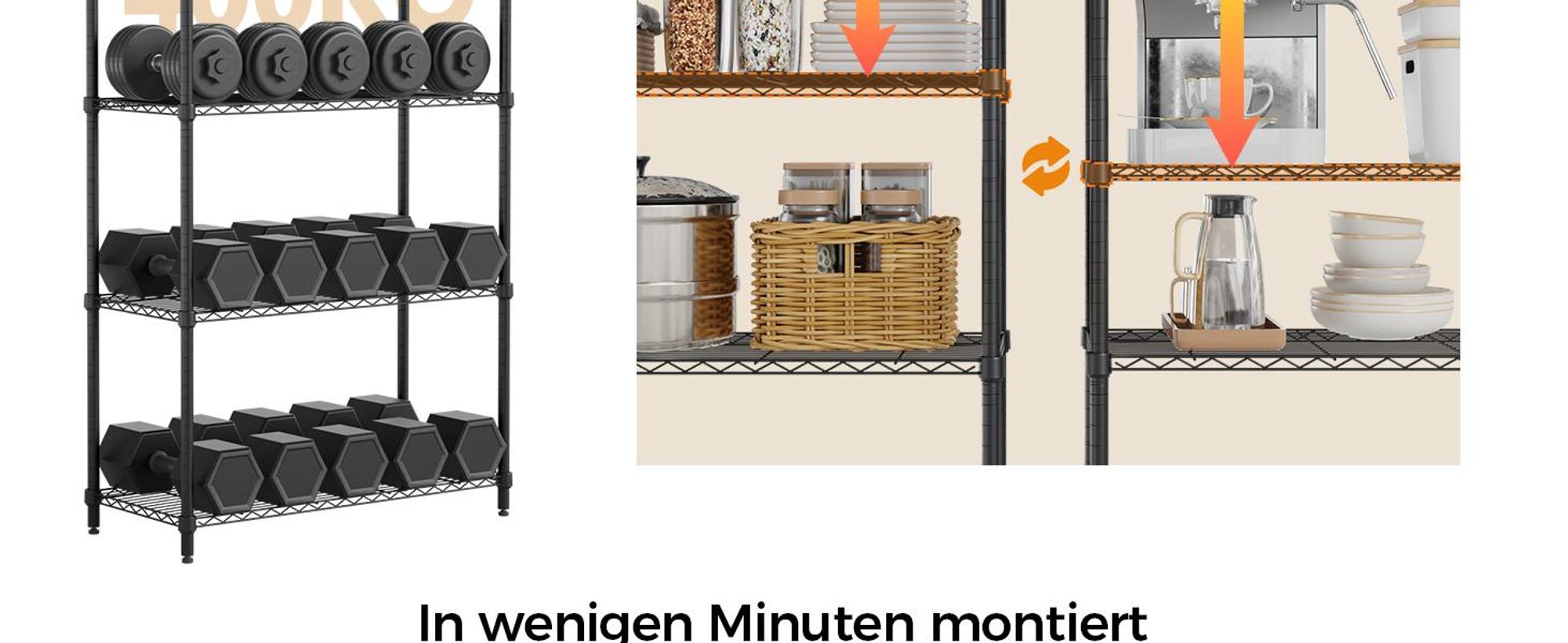 Mondeer Regal Aufbewahrungsregal 5-Stufiges Küchenregal, mit 4-Rädern, PP-Trennwand Schwarz