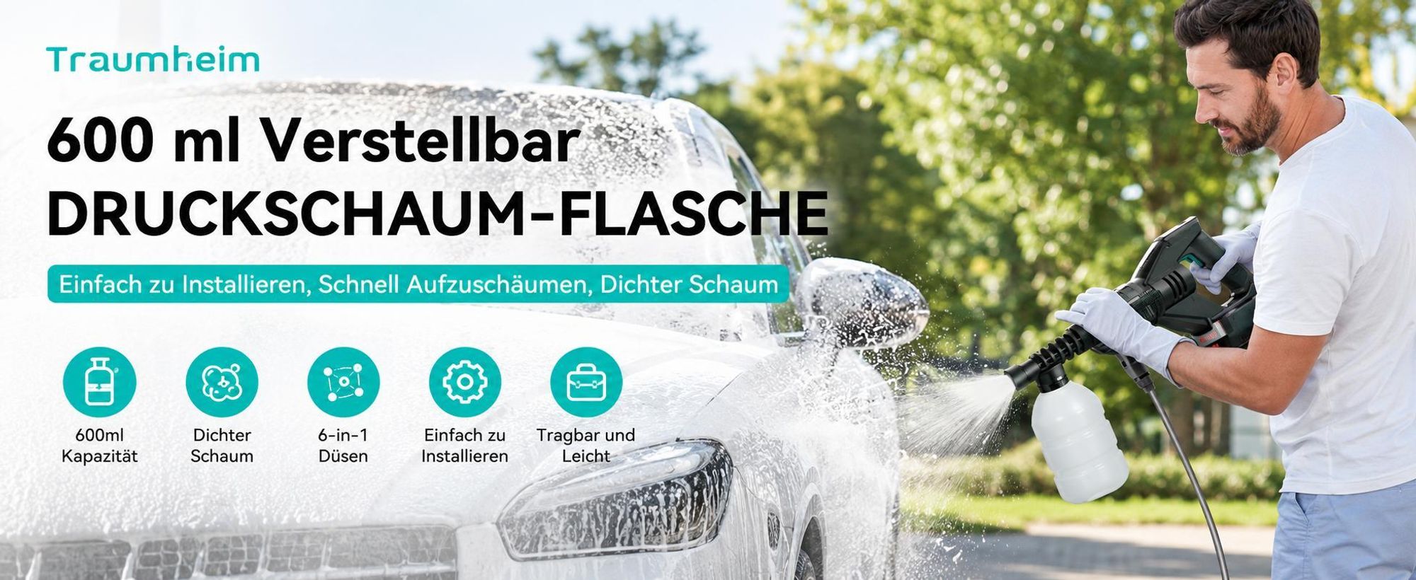 Akku Hochdruckreiniger, 40 Bar Tragbarer Hochdruckreiniger mit 1500mAh Akku, 6-in-1 Multi-Sprühdüse 5M Schlauch für Auto, Terrasse, Garten, Zaun, Pool