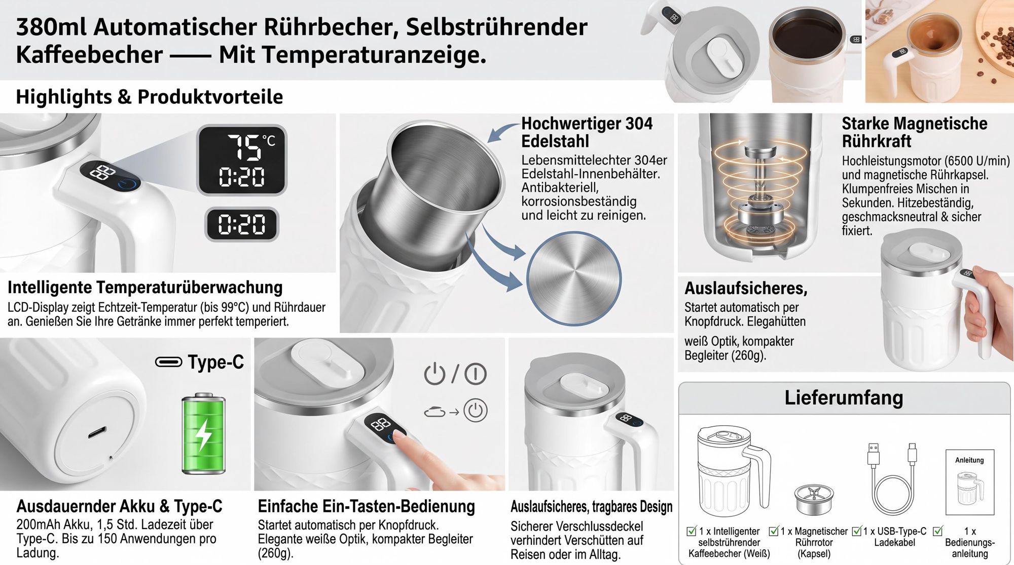 380ml Automatischer Rührbecher,Selbstrührender Kaffeebecher, Magnetische Selbstrührende Tasse mit Temperaturanzeige,304 Edelstahl,Wiederaufladbarer