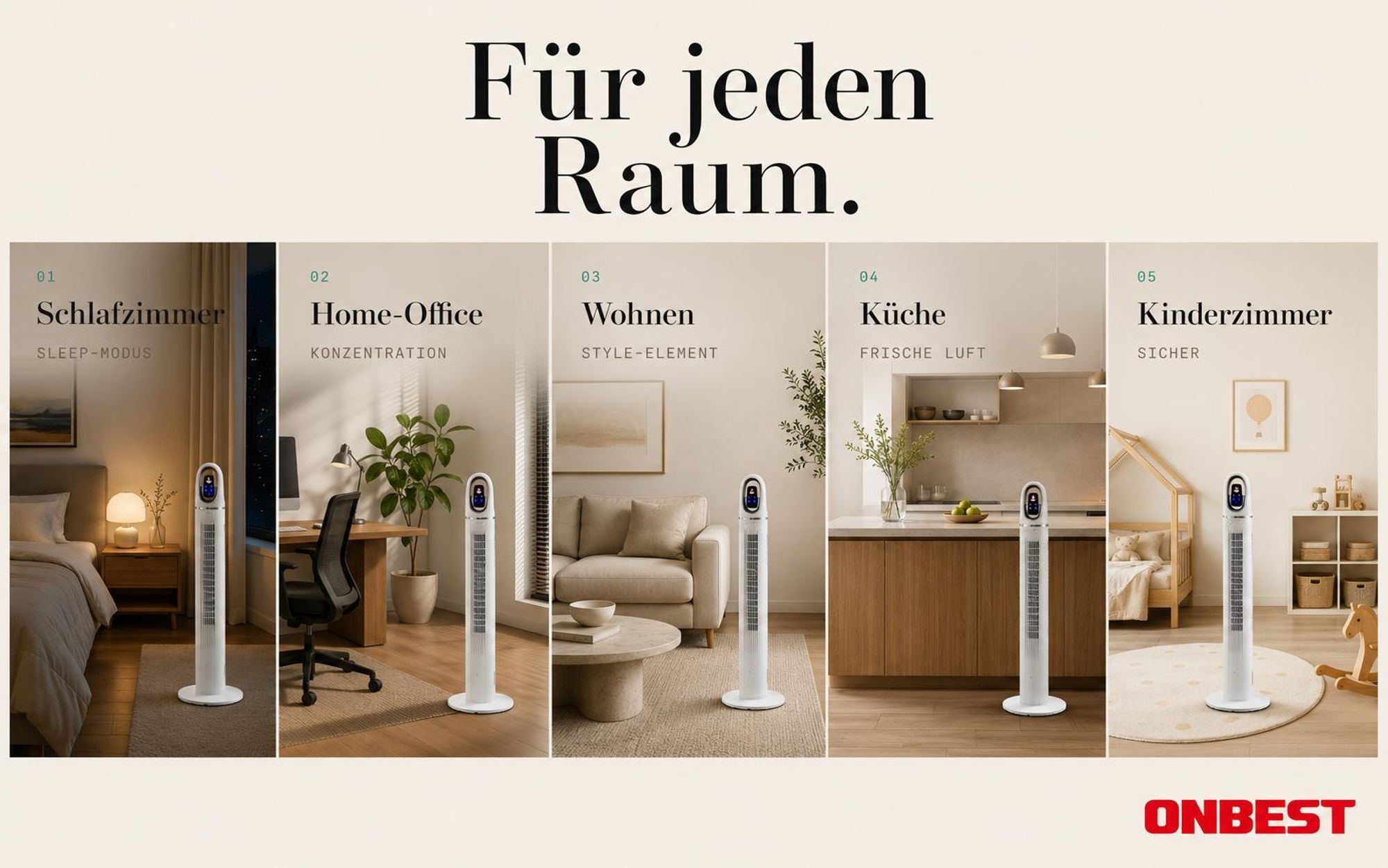 Turmventilator ONBEST TF111 | 45W | 110 cm | Inkl. Fernbedienung & Timer | 3 Geschwindigkeiten | 3 Modi | 80° Oszillation