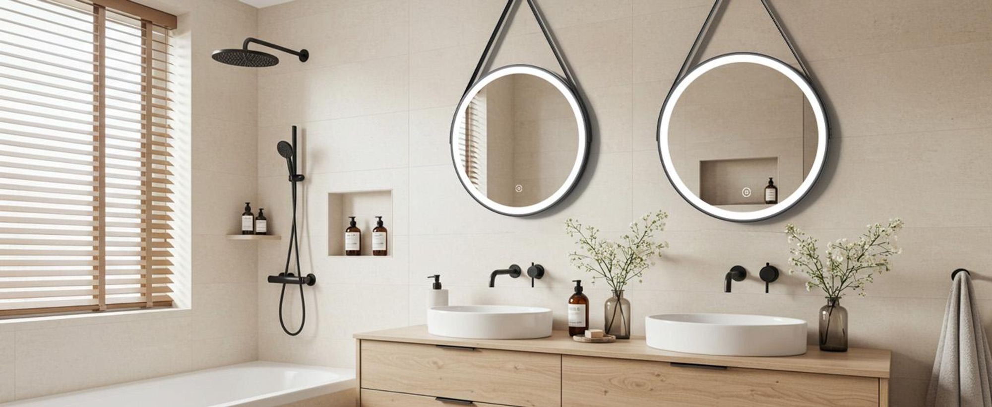 S'AFIELINA Specchio da bagno da 60 cm con illuminazione Specchio da bagno rotondo a LED con luce bianca fredda e tattile Cornice nera Cintura in pelle regolabile