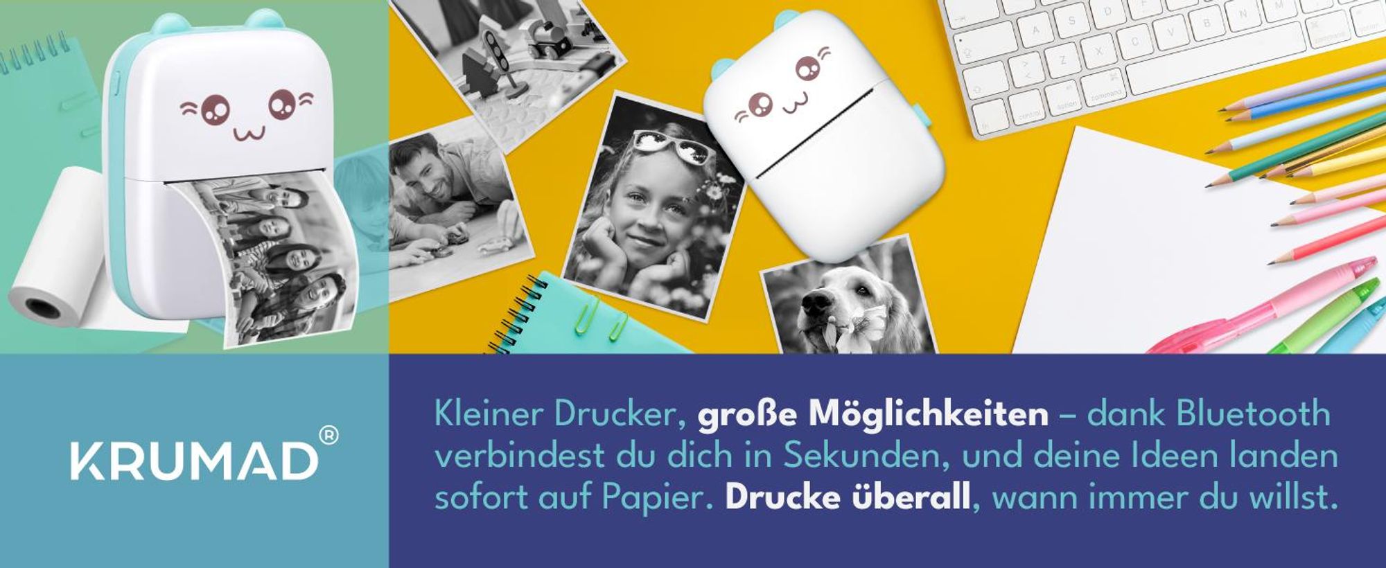 KRUMAD Mini Drucker - Kabelloser Bluetooth Thermodrucker für Smartphones, 200 DPI, Fotodrucker, ideal für Geschenke für Teenager Mädchen