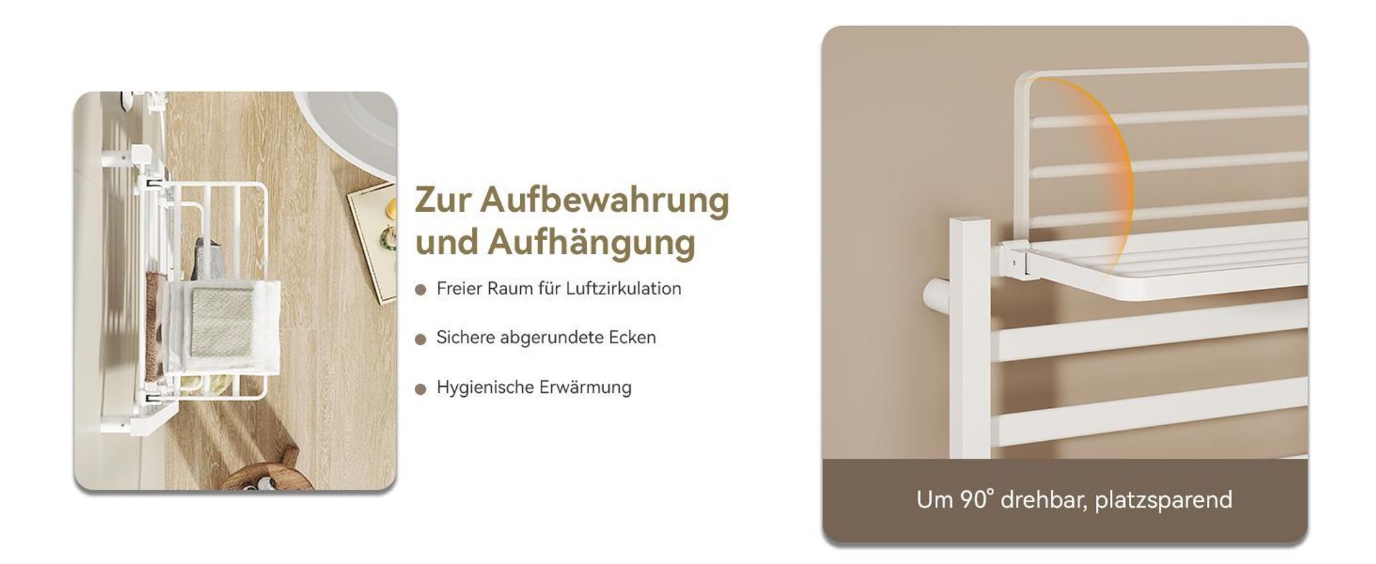 Puluomis Heizkörper Elektrischer Handtuchwärmer mit LED-Touchdisplay, 45-70°C einstellbar, Timer, 90° drehbares Ablagefach, RCCB Schutz weiß