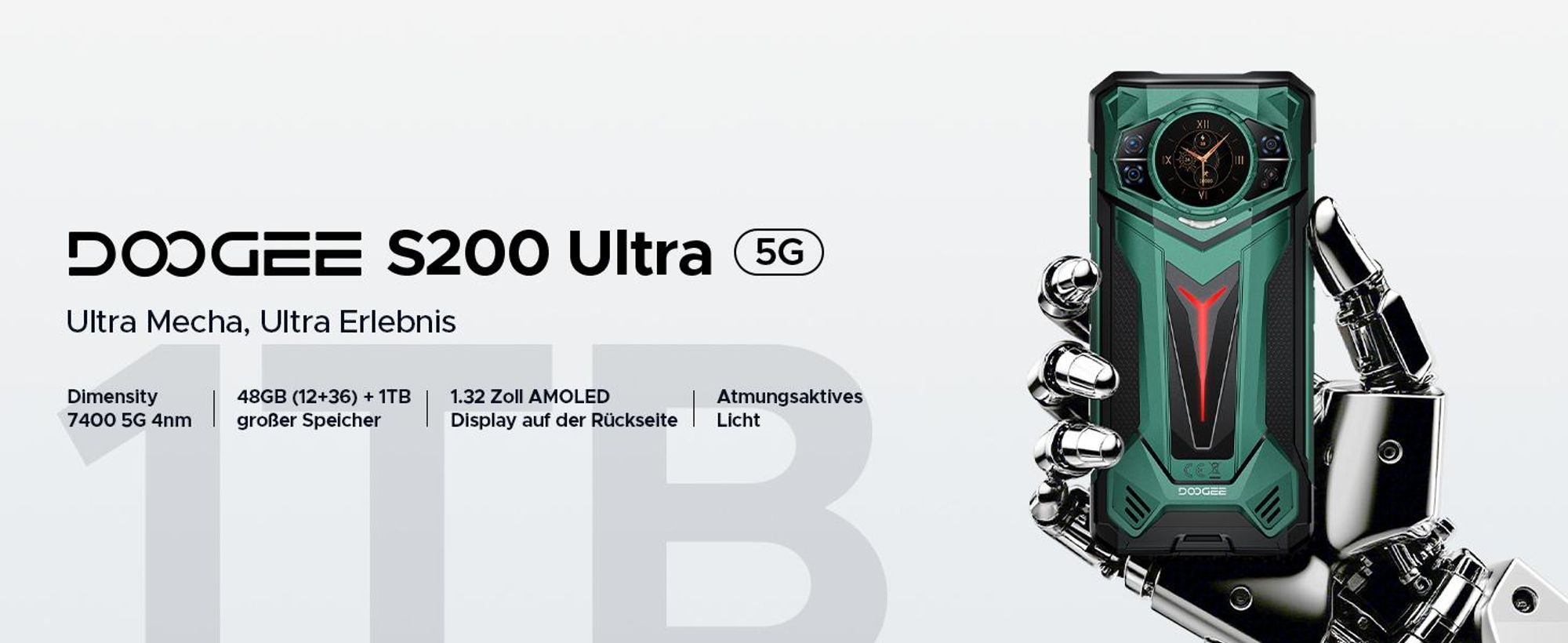 DOOGEE S200 Ultra Rugged Smartphone Handy, 5G, IP68/IP69K, 6,72" 120Hz, 1,32" AMOLED, 11000mAh, 66W, 48GB+1TB, 100MP, NFC, Fingerabdruck, ohne Vertrag