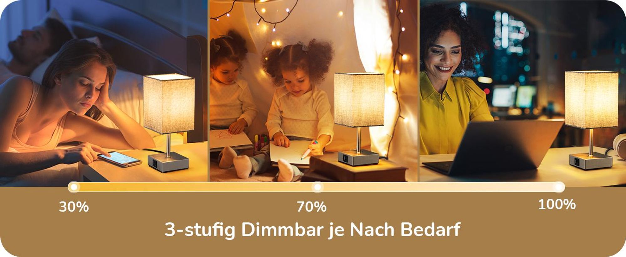 EDISHINE Tischlampe 2er Set Touch Dimmbar, Nachttischlampen mit Ladefunktion, Grau