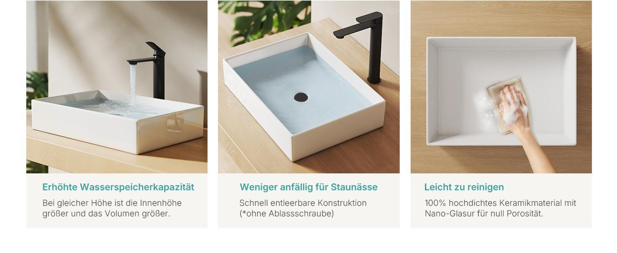 EMKE Aufsatzwaschbecken 505/510x370mm Rechteckig mit sanften Rundungen, Keramik Glänzend Weiß, ohne Hahnloch & Überlauf, Modernes Design