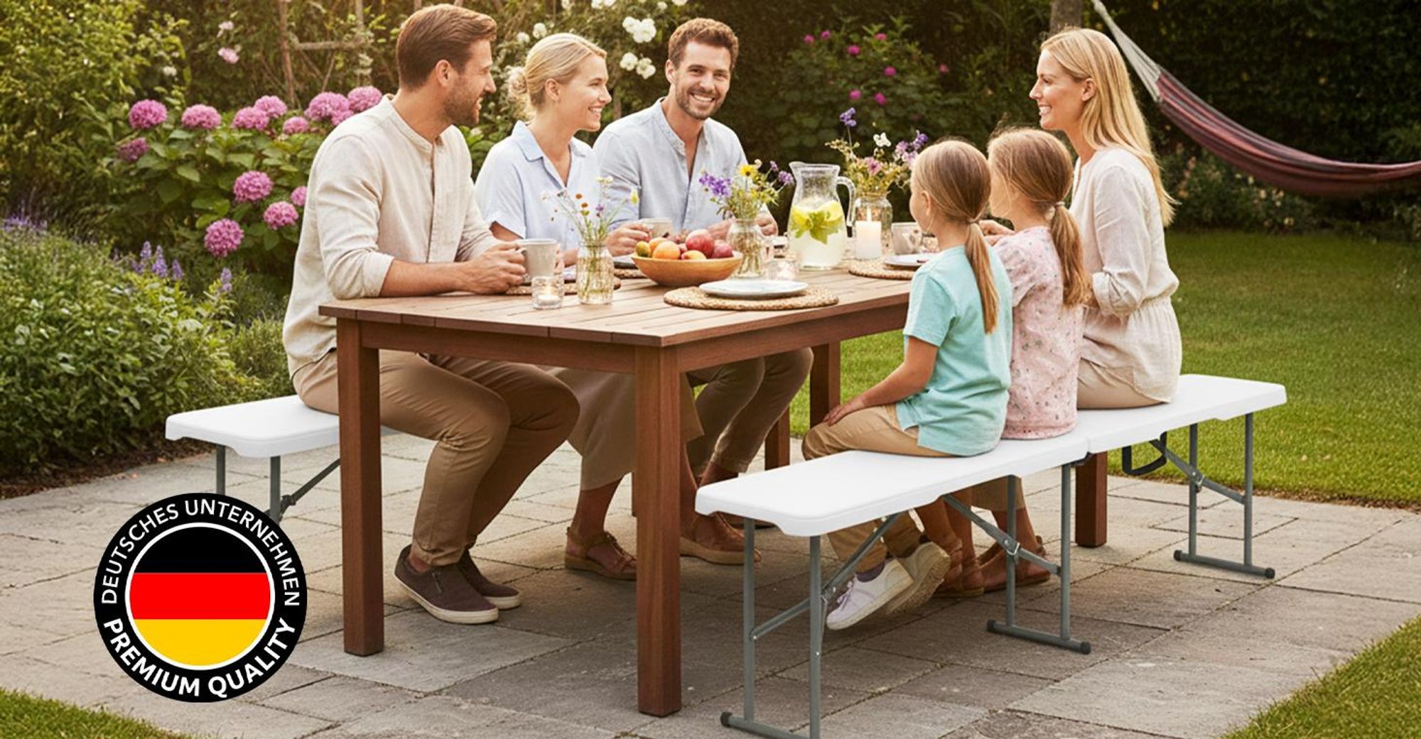 Floordirekt Gartenbank Chiba klappbare Sitzbank wetterfest 183 cm in Weiß für Garten, Balkon & Events
