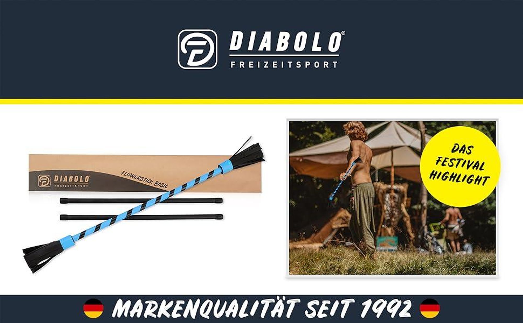 Diabolo Leisure Sport Flowerstick – Flowerstick Basic UV Blau mit Fiberglas Handstöcken | Robuster Flowerstick für Anfänger und Fortgeschrittene