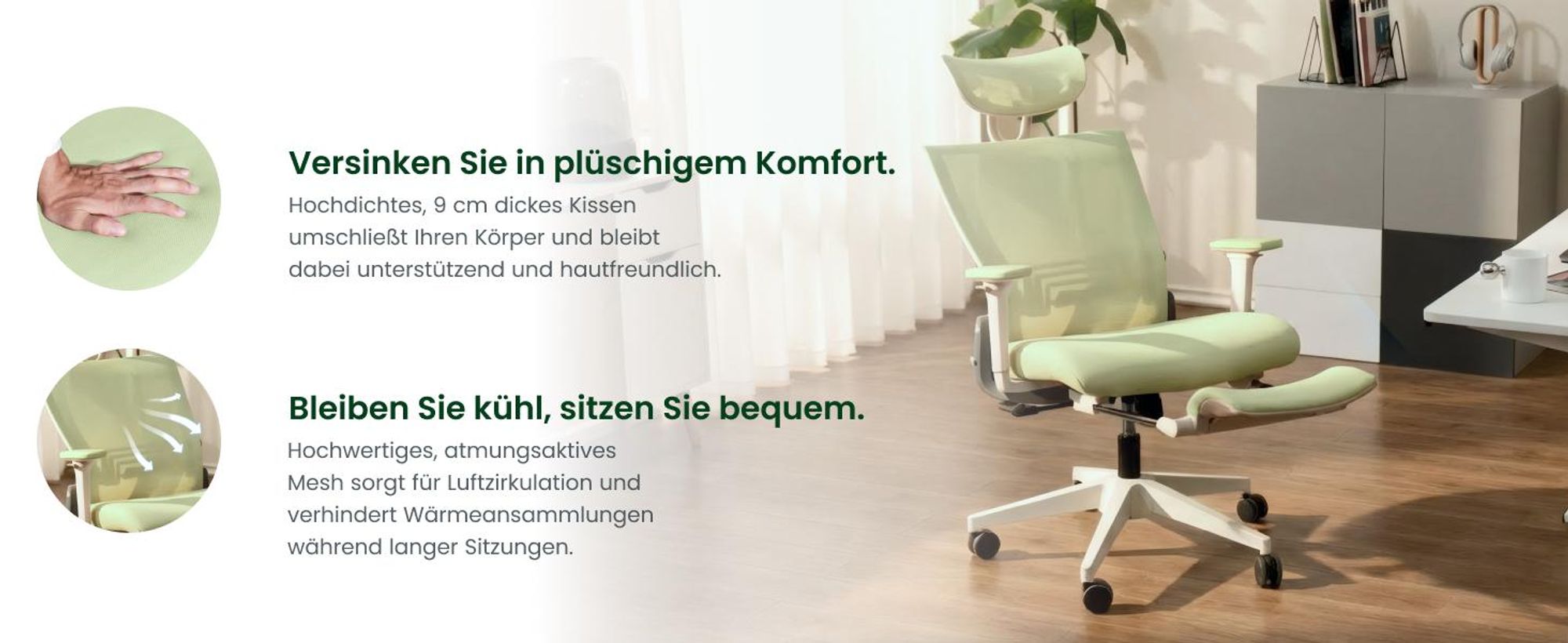 FLEXISPOT Foldex Ergonomischer Bürostuhl,klappbarer Bürostuhl für Kleine Räume mit Lendenwirbelstütze Höhenverstellbaren Armlehnen mit Fußstütze Grün