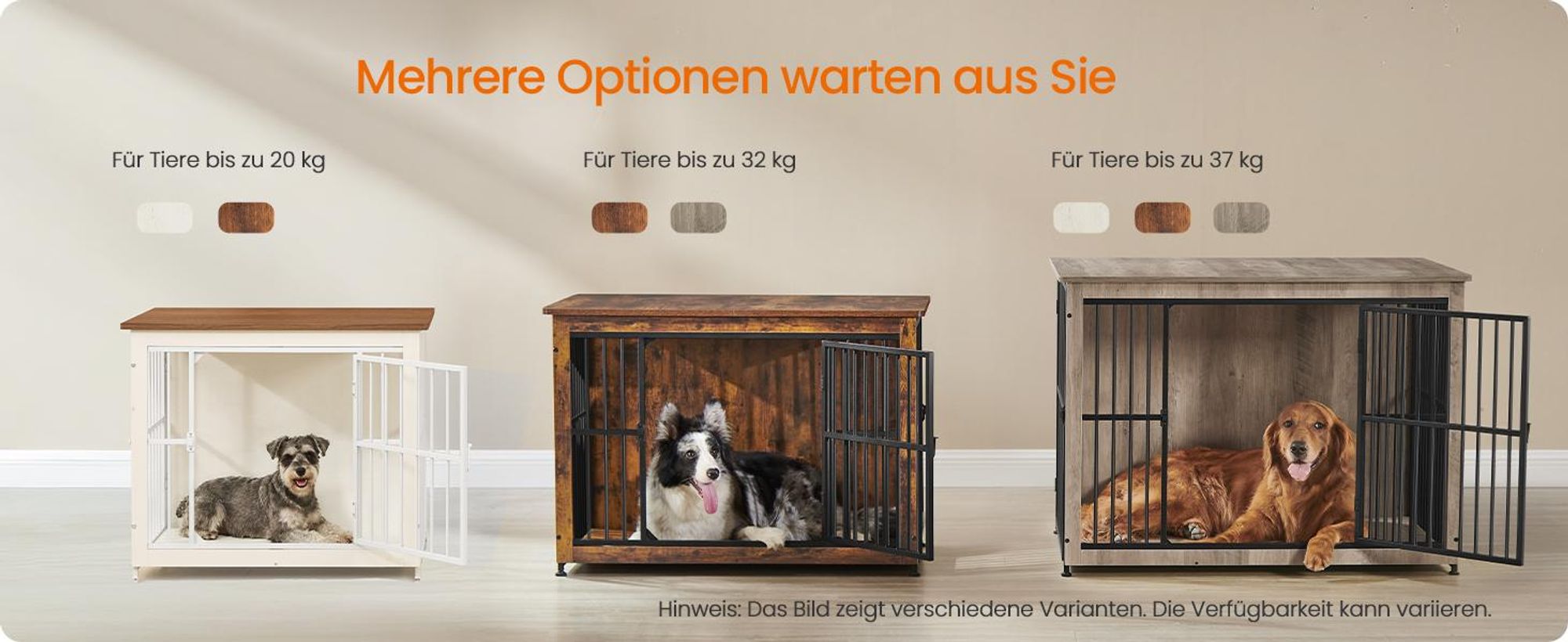 FEANDREA Hundehütte Indoor, stabiler Hundekäfig, Hundebox mit 2 Türen, 82 x 55 x 64 cm, weiß-braun