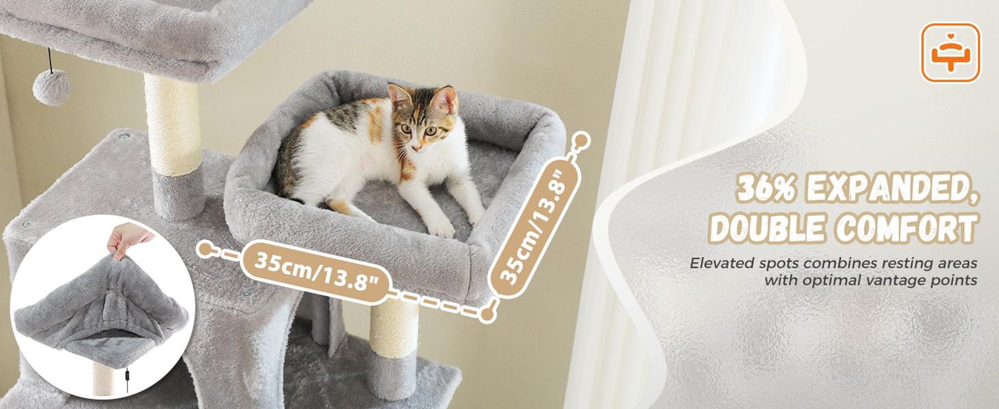 PURPURRA Robuster Kratzbaum für große Katzen, 200 cm hoher Katzenturm mit 2 Sitzstangen, 2 Höhlen und geräumiger Hängematte, XL extra große Höhle