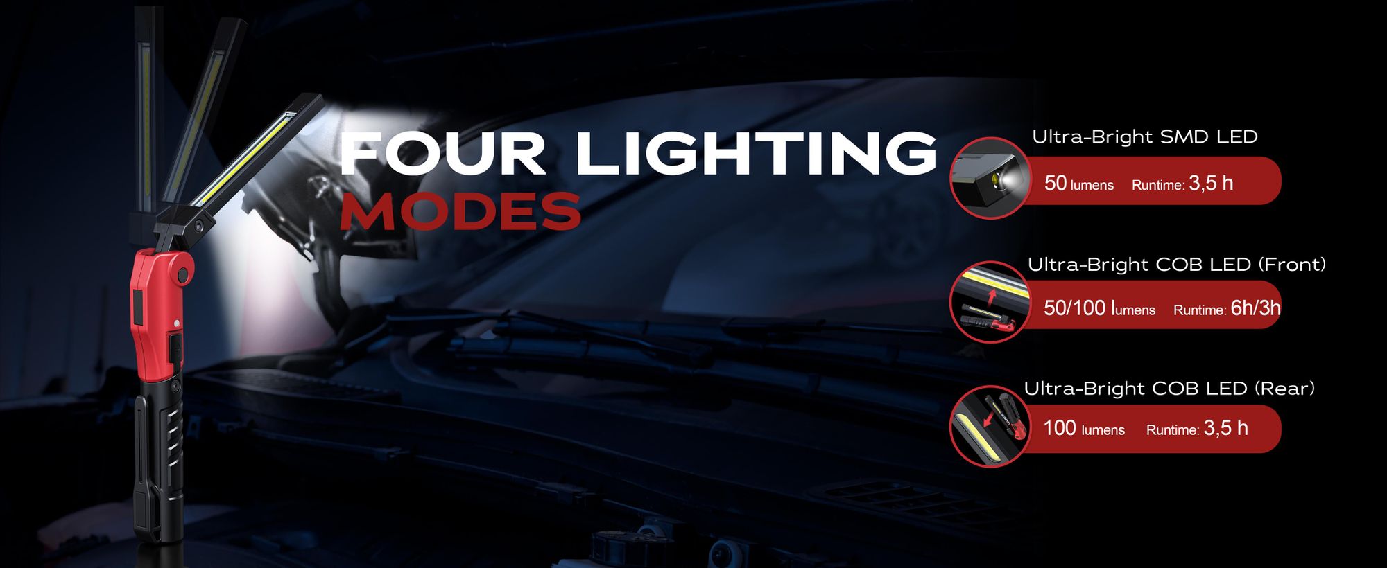 LAUNCH Taschenleuchte COB KFZ Werkstatt LED Magnet Taschenleuchte bis 100 Lumen + 3 Lichter Mod