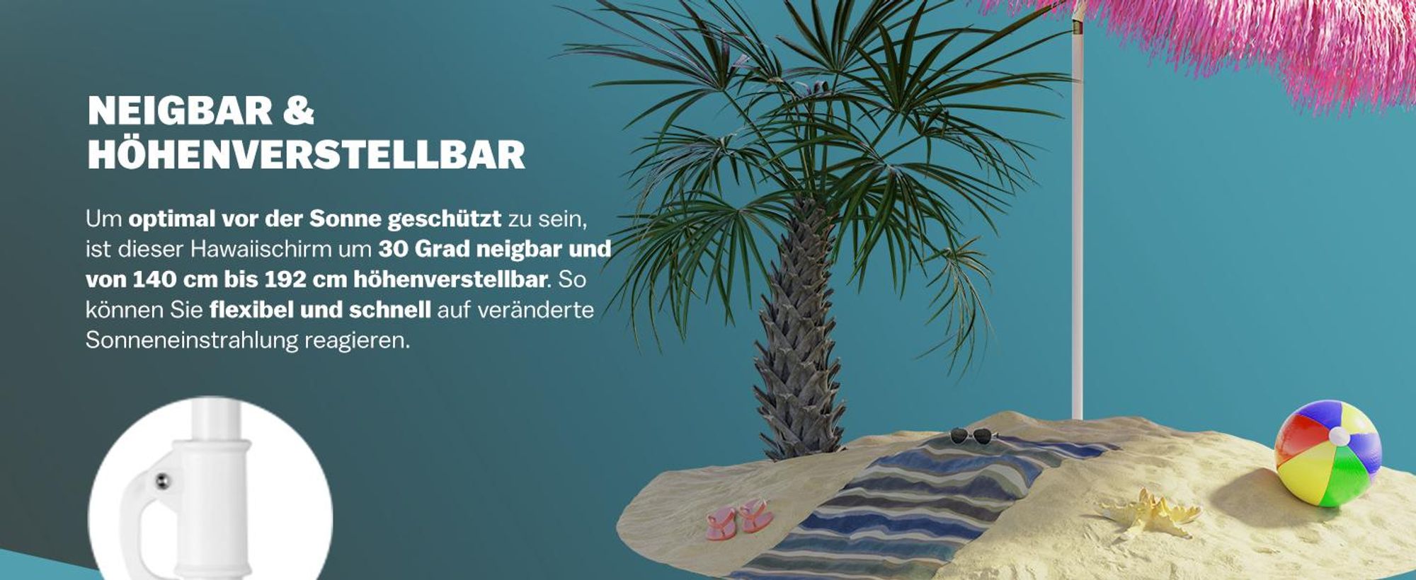 KINGSLEEVE® Sonnenschirm Hawaii Ø160cm Neigbar Höhenverstellbar UV Schutz 30+ Groß Rund Balkon Strand Strohschirm Strandschirm Bast Hawaiischirm Pink