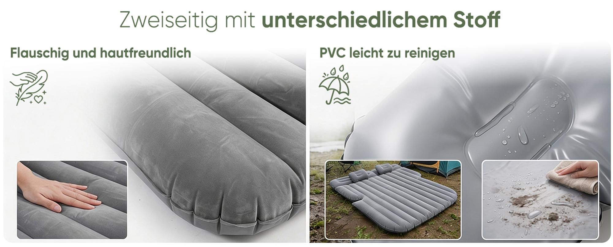 Sekey 185 x 144 x 12 cm Auto Luftmatratze Selbstaufblasend 2 Personen Luftbett Aufblasbar mit Luftpumpe, Kissen und Tragetasche, Grau