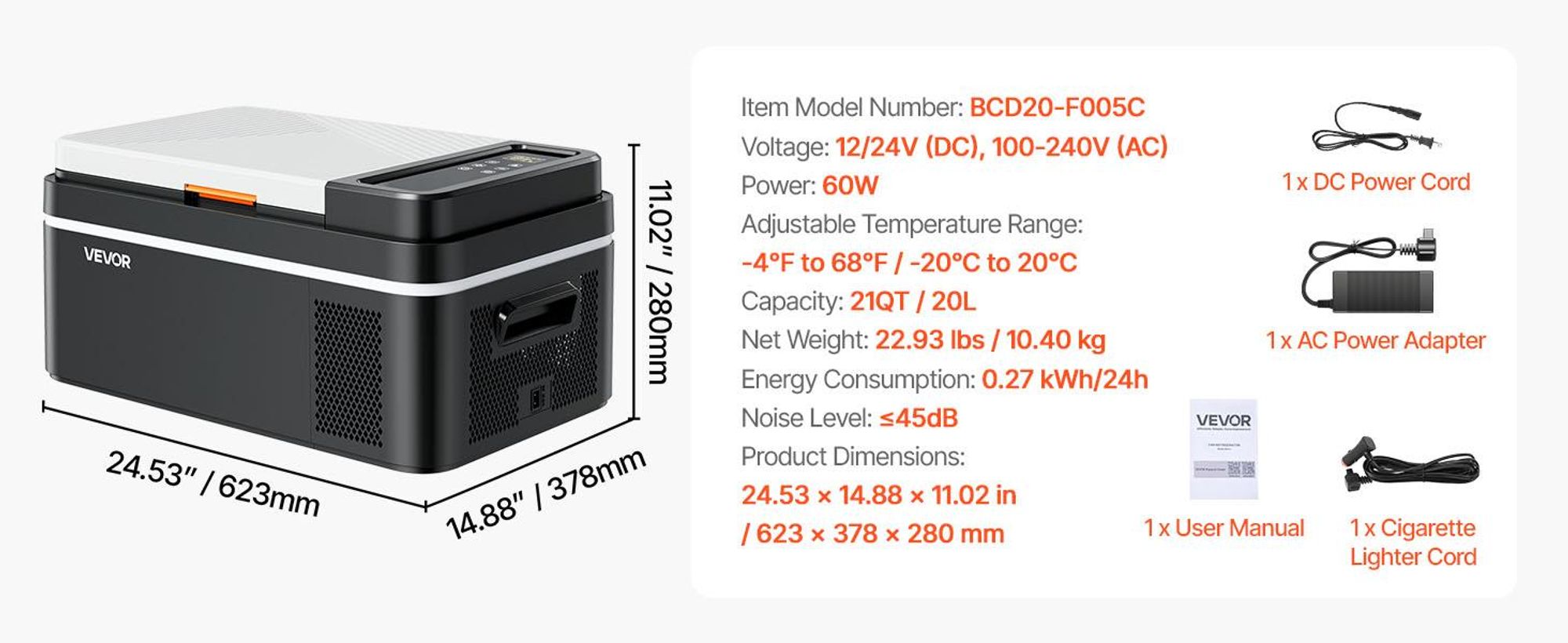 VEVOR Auto-Kühlschrank, 12 Volt Auto-Kühlschrank, 50 L Einzelzonen-Tragbarer Gefrierschrank mit Rädern und Griff, -4℉-68℉, 12/24V DC und 100-240V AC Kompressor-Kühler für Outdoor, Camping, 20 L-a