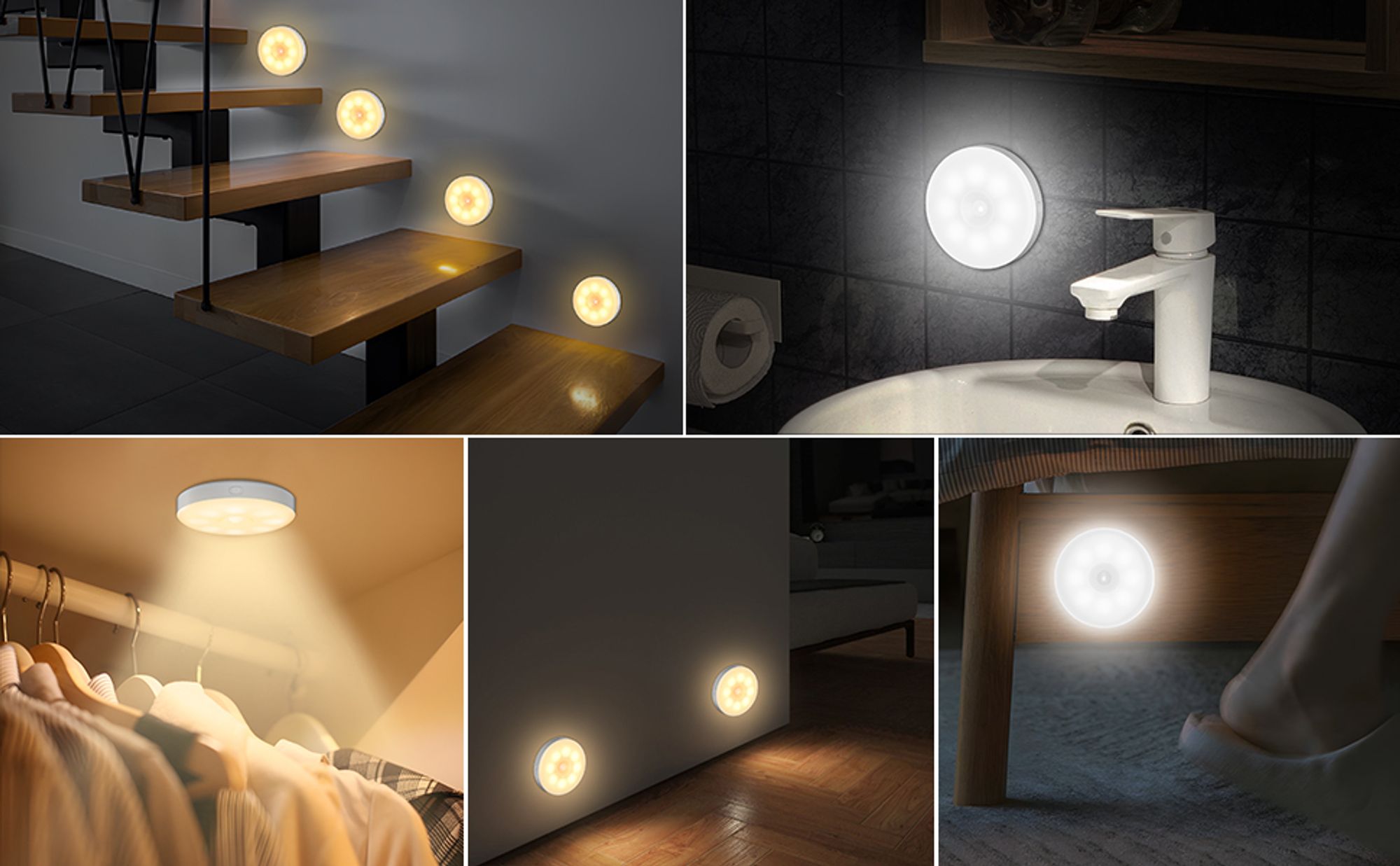 6 Stück Nachtlicht mit Bewegungsmelder, 3-stufige Farbtemperatur, 16 LED bewegungssensor licht USB, Wiederaufladbar Schrank und treppenbeleuchtung