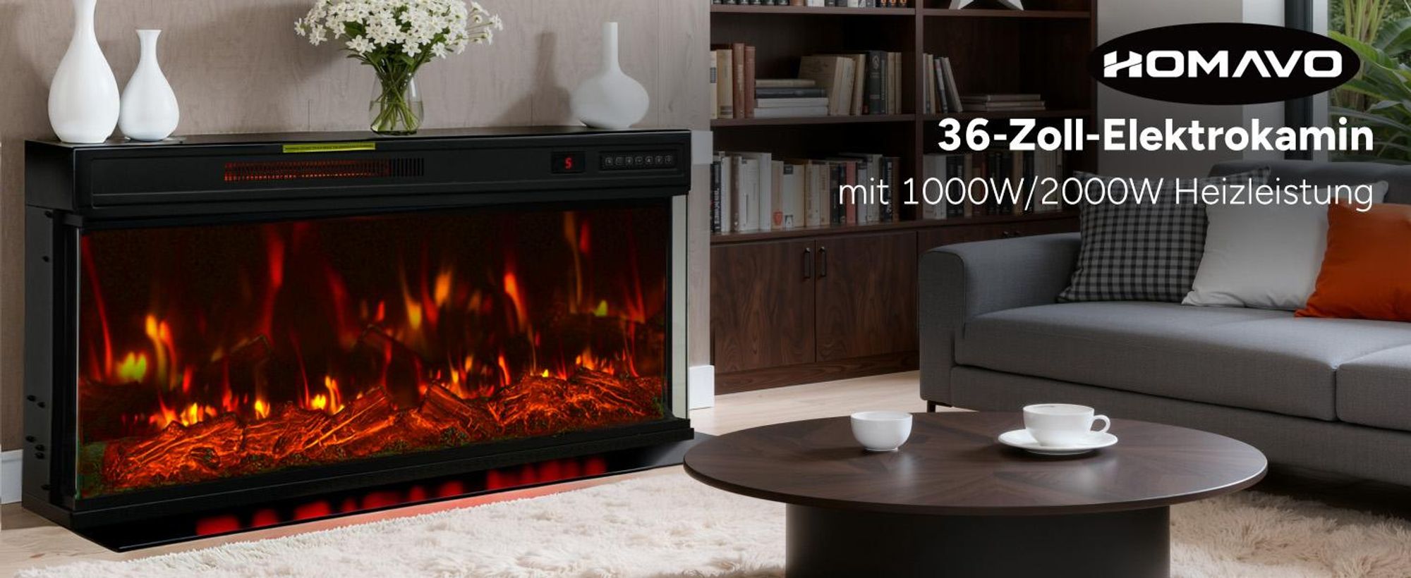 HOMAVO 36-Zoll Elektrokamin mit Heizung - 1000 / 2000W - Stand / Einbaukamin - 3D Flammenfarben - LED & Timer