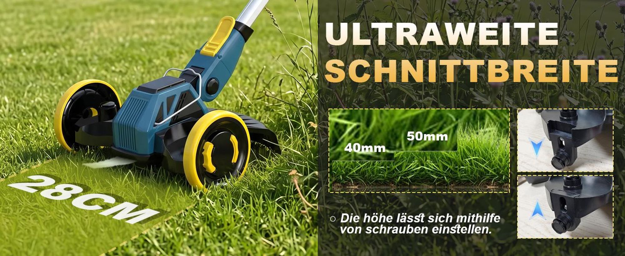 Akku Rasentrimmer, 4in1 Rasenkantenschneider, mit 2× 4000mAh Akku, kompatibel mit  Makita-Akkus, Bürstenloser Motor, Gartengerate mit Unkrautbürste