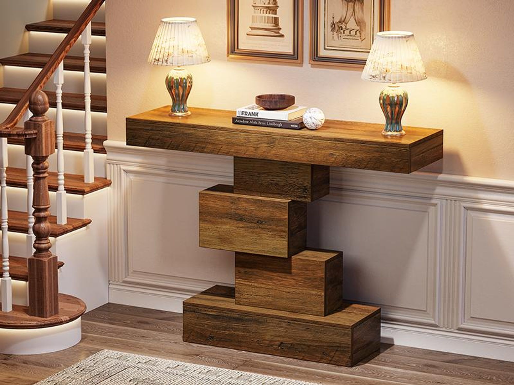 Consolle Tribesigns, tavolino da divano in legno stretto 108 cm dietro il divano con base geometrica salvaspazio, tavolino da ingresso (rovere chiaro)