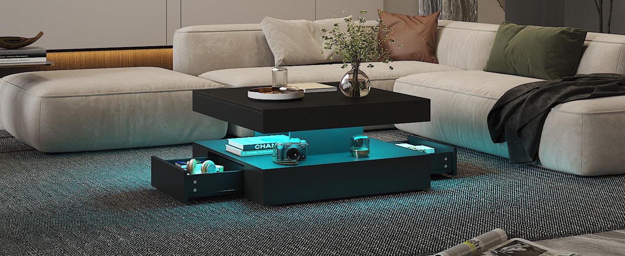 Radelldar Wohnzimmertisch mit 2 Schubladen, mit LED und Verstecktem Stauraum, matt 78x78x40cm, Schwarz