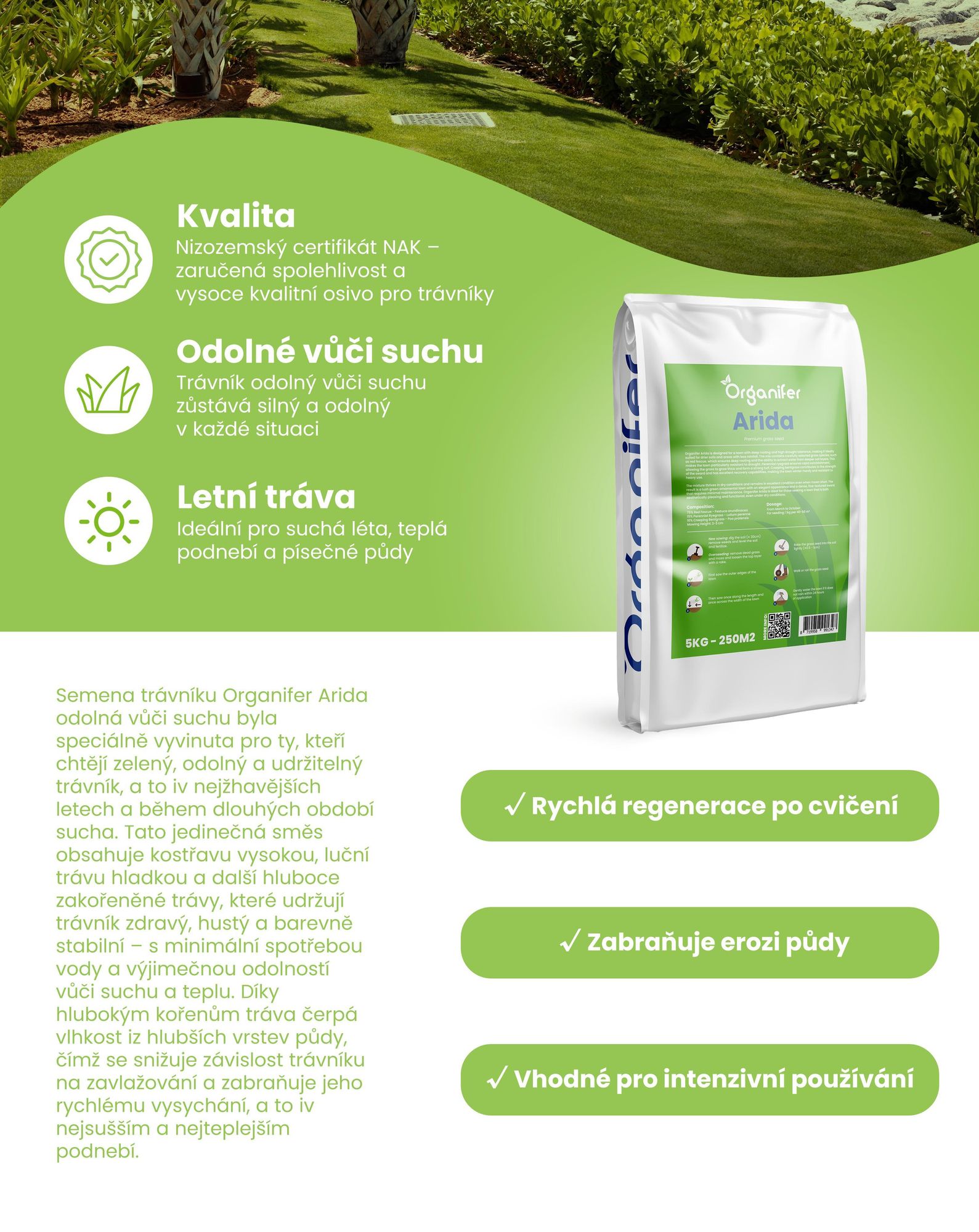 Osivo trávníku odolné vůči suchu Arida – 10 kg na 500 m² – profesionální osivo pro suché trávníky na velké plochy – Organifer
