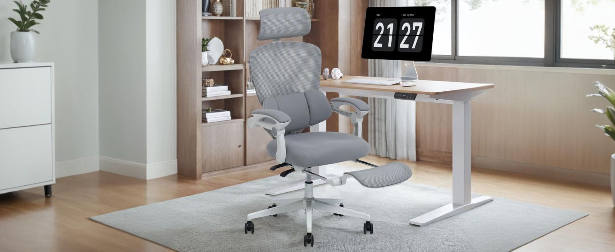 FLEXISPOT Ergonomischer Bürostuhl mit 3D-Kopfstütze, verstellbarer Lendenstütze, Wippfunktion 90–135°, Verbindungsarmlehnen, Fußstütze, 136 kg, Grau